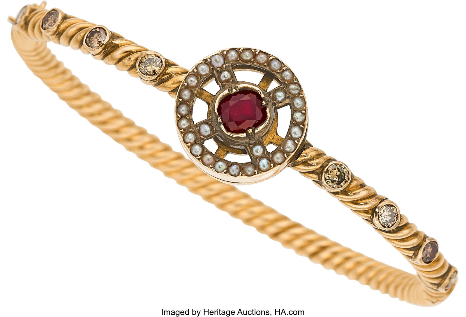 Ruby, Colored Diamond, Seed Pearl, Gold Bracelet: Ruby, Colored Diamond, Seed Pearl, Gold Bracelet Stones: Cushion-shaped ruby weighing approximately 1.00 carat; full-cut colored diamonds weighing a total of approx