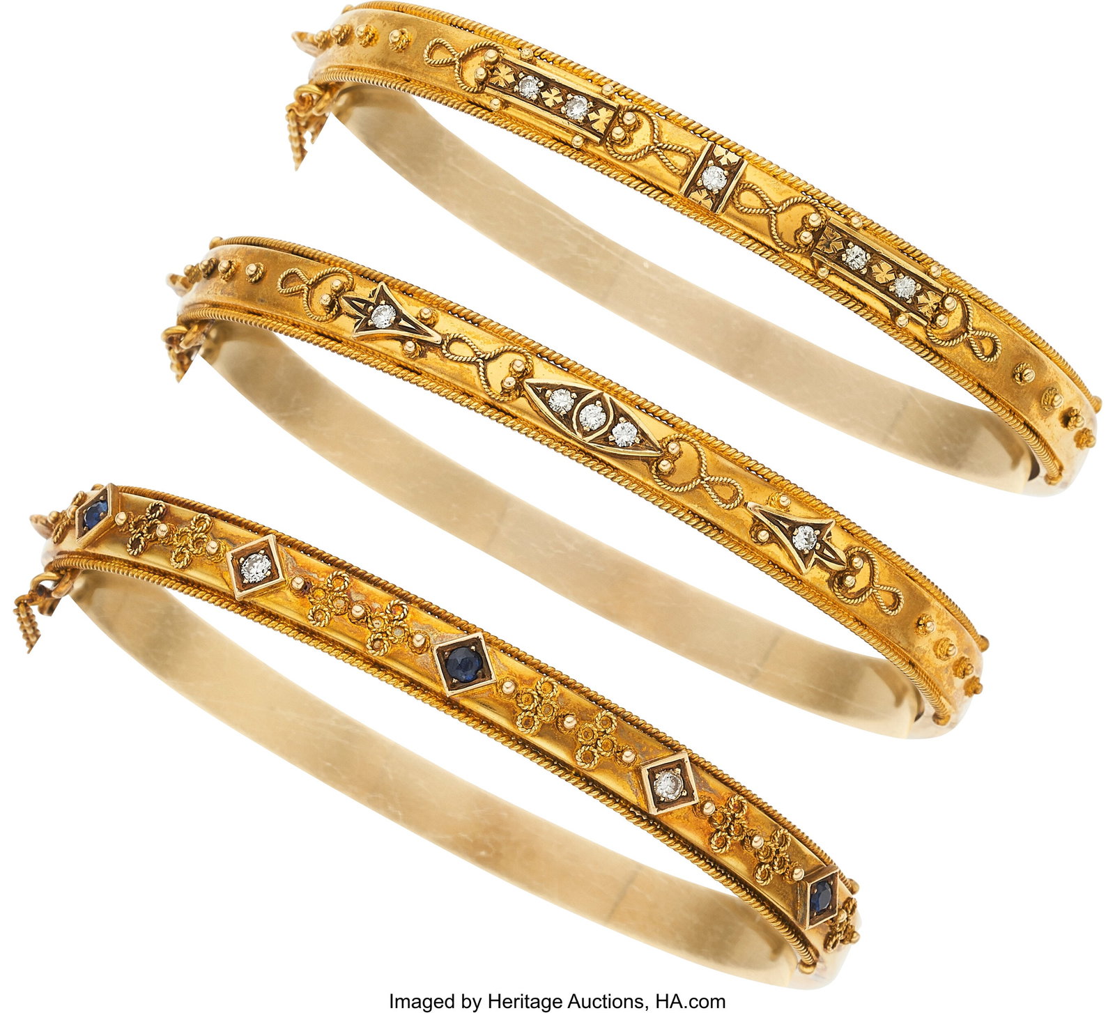 Victorian Sapphire, Diamond, Gold Bracelets Sto: Victorian Sapphire, Diamond, Gold Bracelets Stones: Round-shaped sapphires weighing a total of approximately 0.15 carat; full-cut diamonds weighing a total of approximate