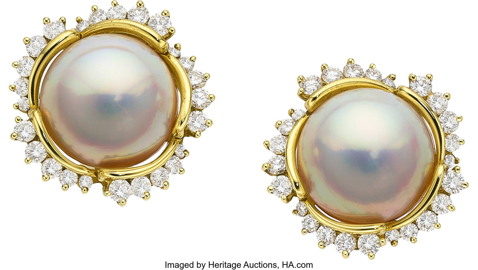 Mikimoto Mabe Pearl, Diamond, Gold Earrings Sto: Mikimoto Mabe Pearl, Diamond, Gold Earrings Stones: Full-cut diamonds weighing a total of approximately 1.80 carats Pearls: Mabe pearls measuring 15.00 mm Metal&c