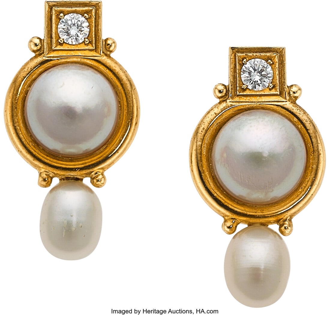 Elizabeth Gage Half-Pearl, Freshwater Cultured P: Elizabeth Gage Half-Pearl, Freshwater Cultured Pearl, Diamond, Gold Earrings, English, circa 2001 Stones: Full-cut diamonds weighing a total of approximately 0&peri