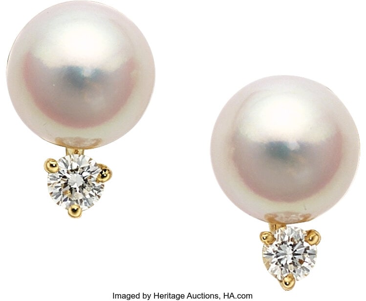 Mikimoto Cultured Pearl, Diamond, Gold Earrings : Mikimoto Cultured Pearl, Diamond, Gold Earrings Stones: Full-cut diamonds weighing a total of approximately 0.15 carat Pearls: Cultured pearls measuring 8.00 mm -