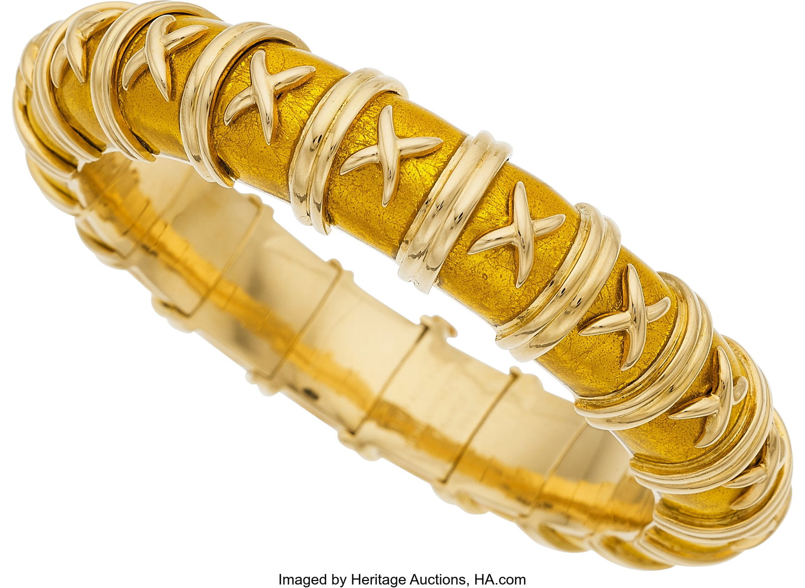 Schlumberger for Tiffany & Co. Enamel, Gold Bra: Schlumberger for Tiffany & Co. Enamel, Gold Bracelet, French Element: Paillonné enamel Metal: 18k gold Marked: Schlumberger for Tiffany & Co.