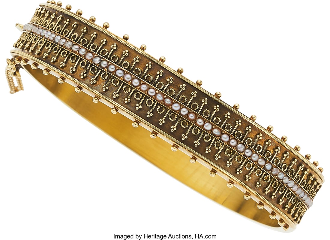 Victorian Seed Pearl, Gold Bracelet Pearls: See: Victorian Seed Pearl, Gold Bracelet Pearls: Seed pearls measuring 1.00 - 2.00 mm Metal: 15k gold Gross Weight: 23.20 grams Dimensions: 6-3/4 inch