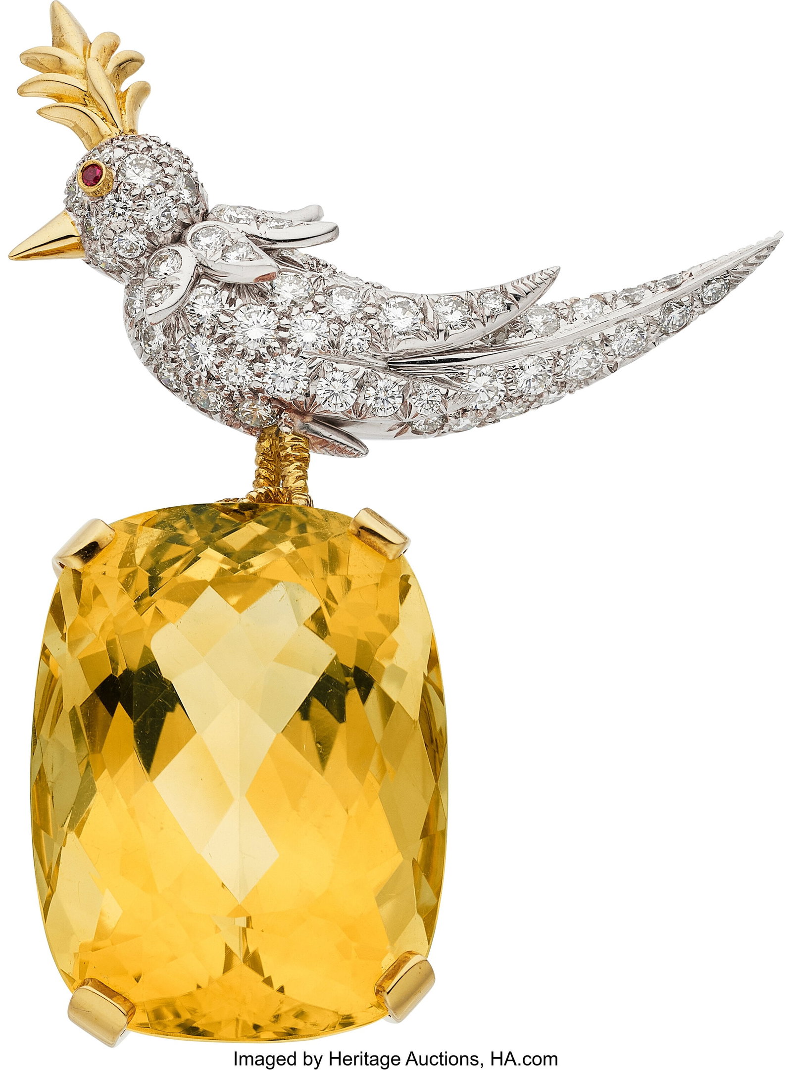 Schlumberger for Tiffany & Co. Citrine, Diamond,: Schlumberger for Tiffany & Co. Citrine, Diamond, Ruby, Platinum, Gold Brooch Stones: Cushion-shaped citrine weighing approximately 65.00 carats; fu