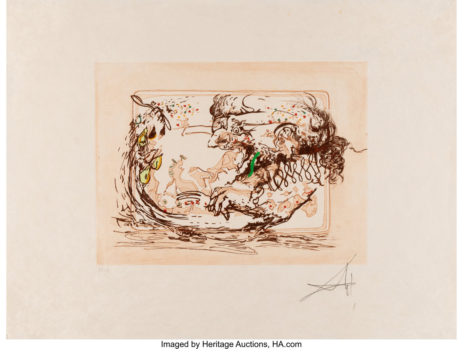 Salvador Dalí (1904-1989) La Télévision, from: Salvador Dalí (1904-1989) La Télévision, from Tauromachie Surréaliste, 1970 Etching with aquatint and hand coloring on Japon paper 20 x 26 inches &lpa