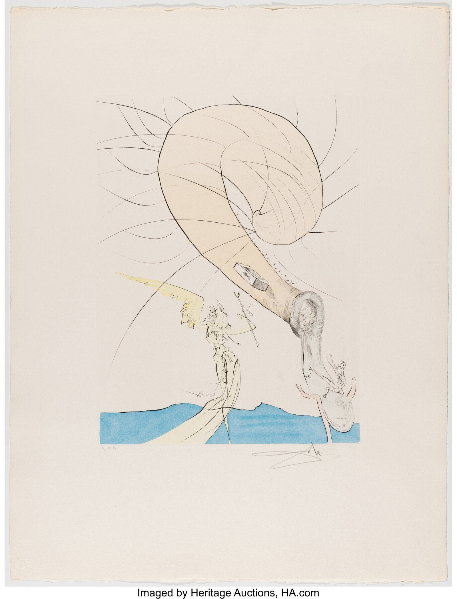 Salvador Dalí (1904-1989) Freud with a Snail He: Salvador Dalí (1904-1989) Freud with a Snail Head, from After 50 Years of Surrealism, 1974 Etching with hand coloring on Arches paper 26 x 19-3/4 inches (66&perio