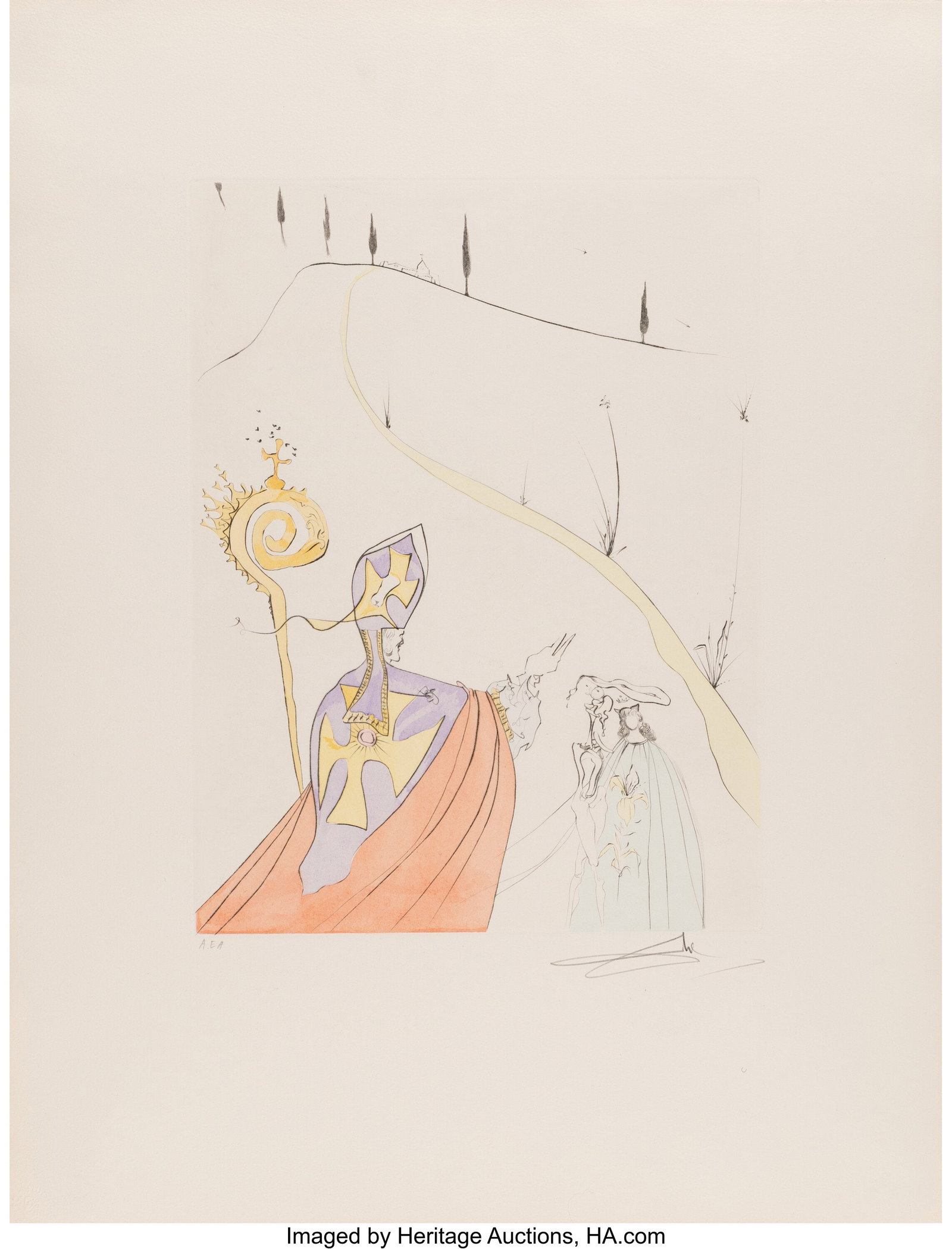 Salvador Dalí (1904-1989) The Sacred Love of Ga: Salvador Dalí (1904-1989) The Sacred Love of Gala, from After 50 Years of Surrealism, 1974 Etching with hand coloring on Arches paper 26 x 19-3/4 inches (66&perio