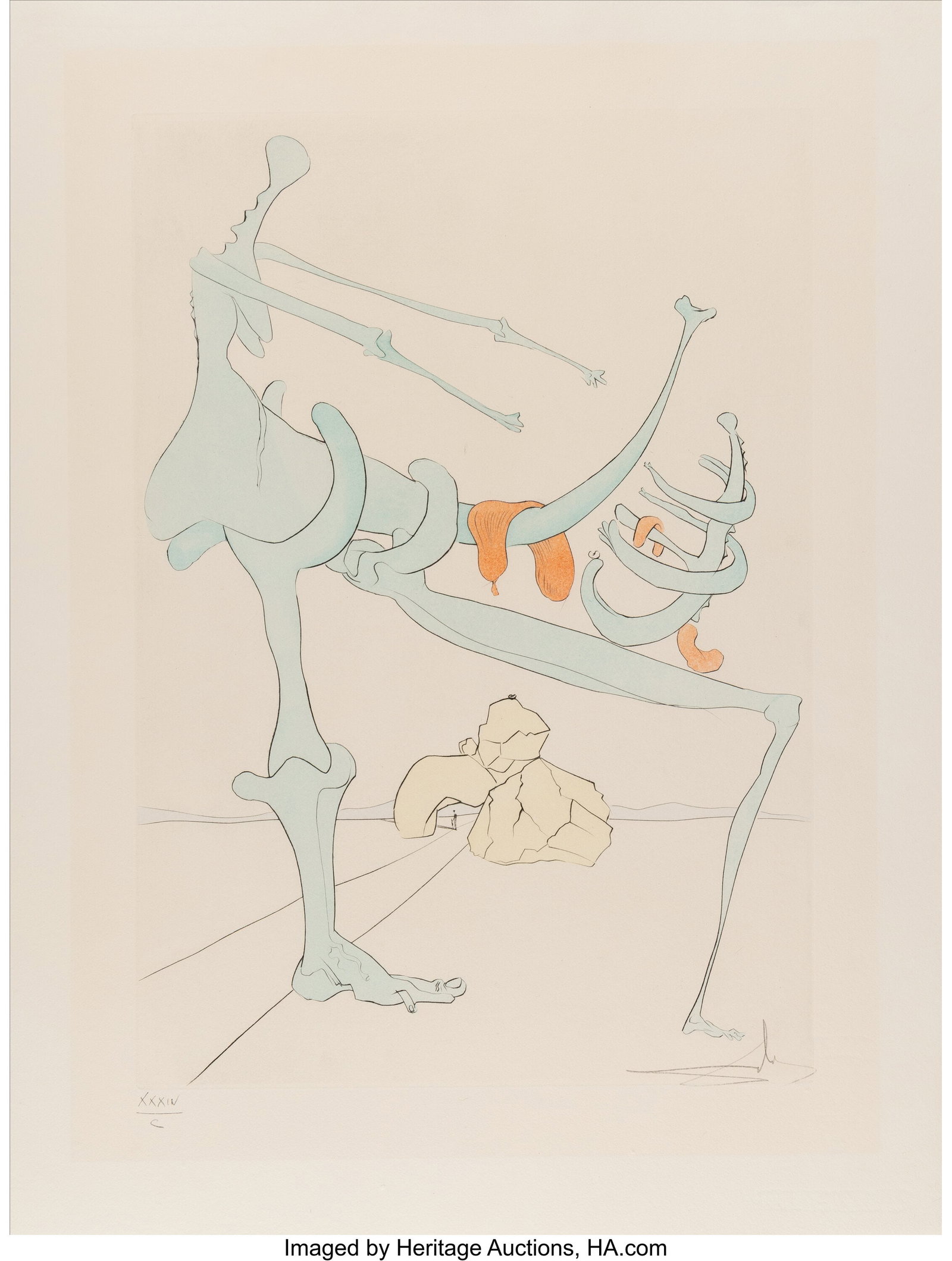 Salvador Dalí (1904-1989) Silhouette en vert, f: Salvador Dalí (1904-1989) Silhouette en vert, from Visions de Quevedo, 1975 Engraving with stenciled color on Richard de Bas paper 25-3/4 x 19-5/8 inches (65&