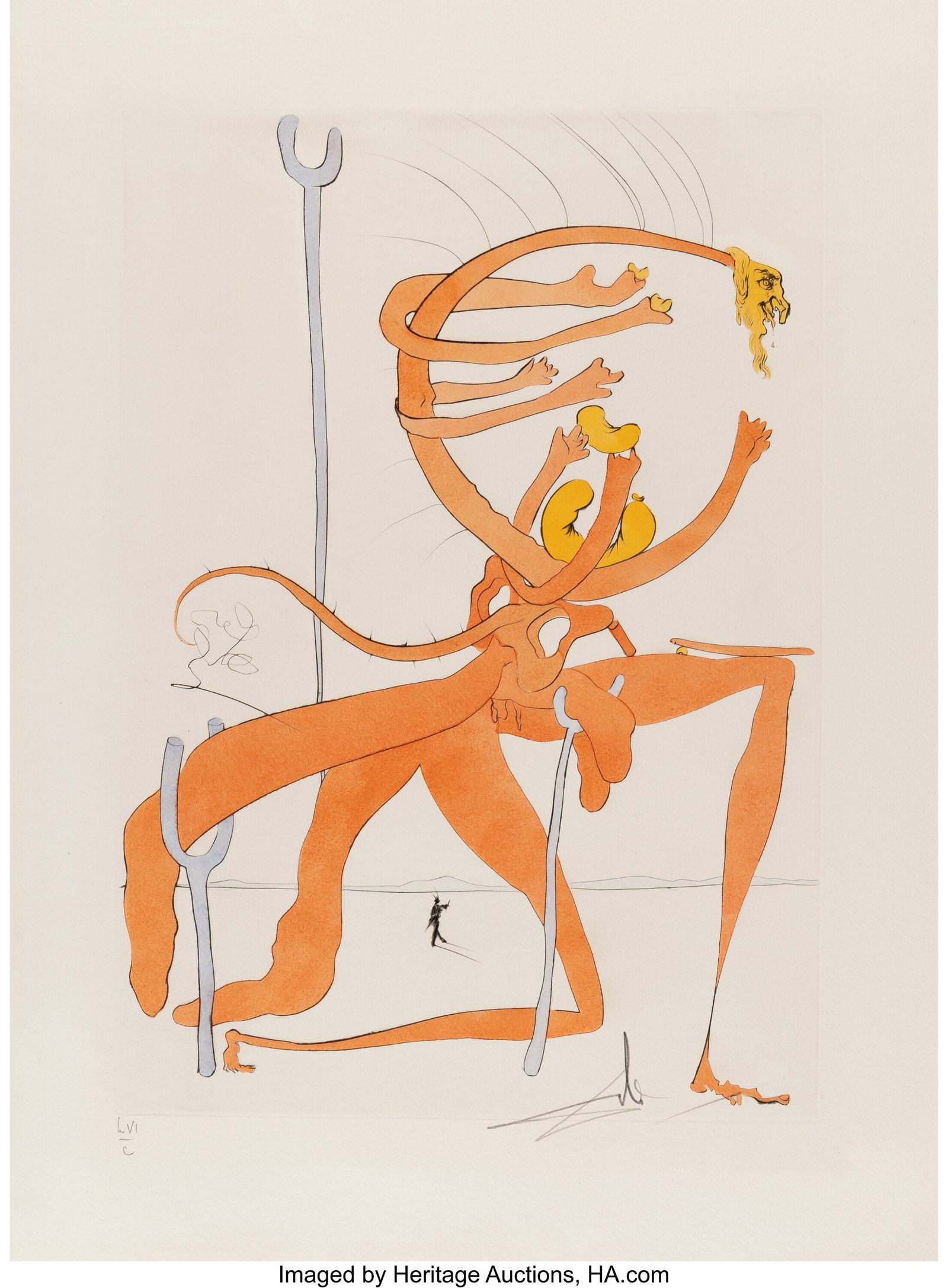 Salvador Dalí (1904-1989) Figure rouge avec por: Salvador Dalí (1904-1989) Figure rouge avec portrait de Quevedo, from Visions de Quevedo, 1975 Engraving with stenciled color on Richard de Bas paper 26 x 19-1/8 inche
