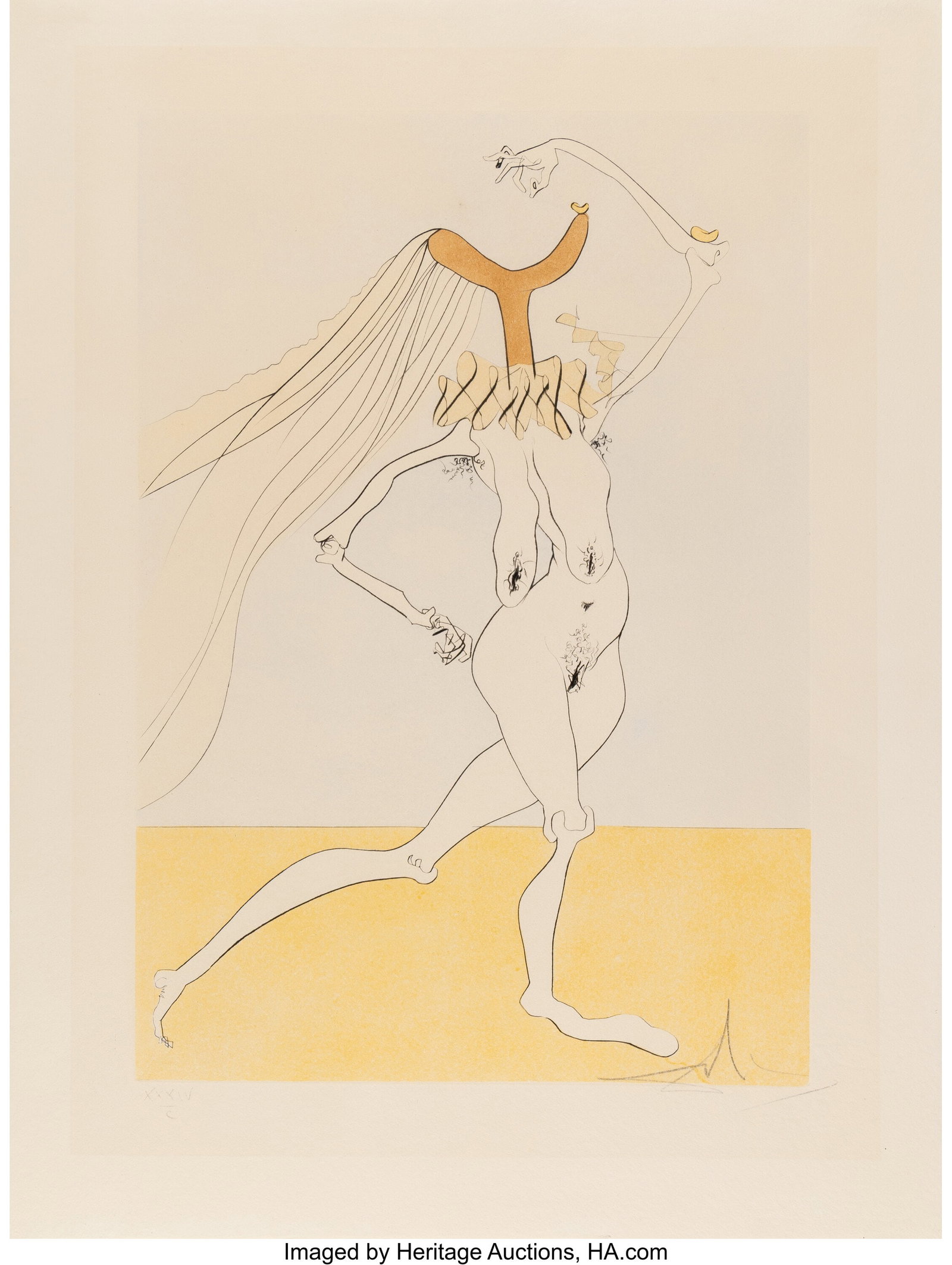 Salvador Dalí (1904-1989) Nu Aux Violettes, fro: Salvador Dalí (1904-1989) Nu Aux Violettes, from Visions de Quevedo, 1975 Engraving with stenciled color on Richard de Bas paper 25-3/4 x 19-5/8 inches (65&pe