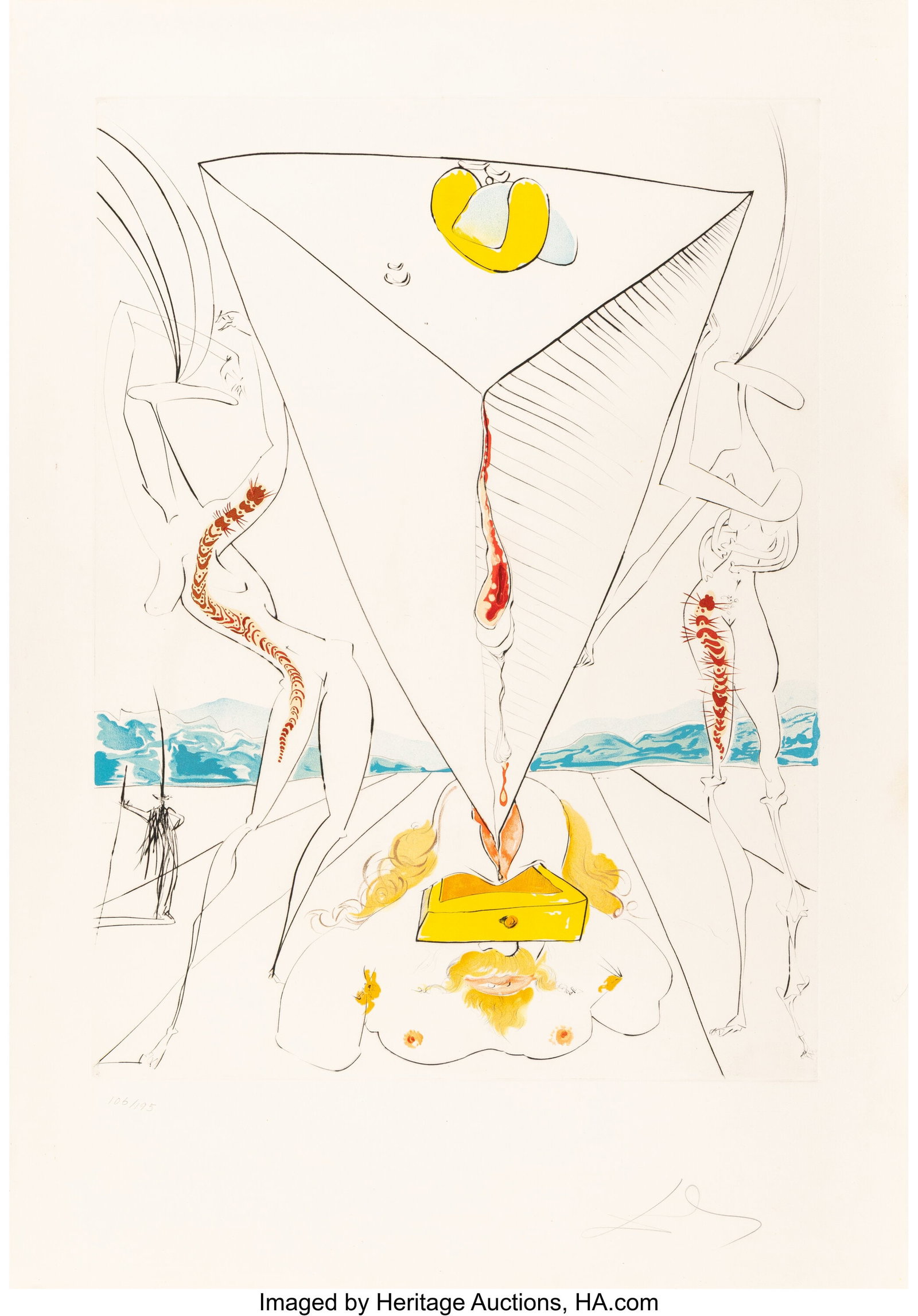 Salvador Dalí (1904-1989) Philosphe ecrase par : Salvador Dalí (1904-1989) Philosphe ecrase par le cosmos, from La Conquete de Cosmos, 1974 Engraving with lithography in colors and embossing on Arches paper 39-1/2 x 