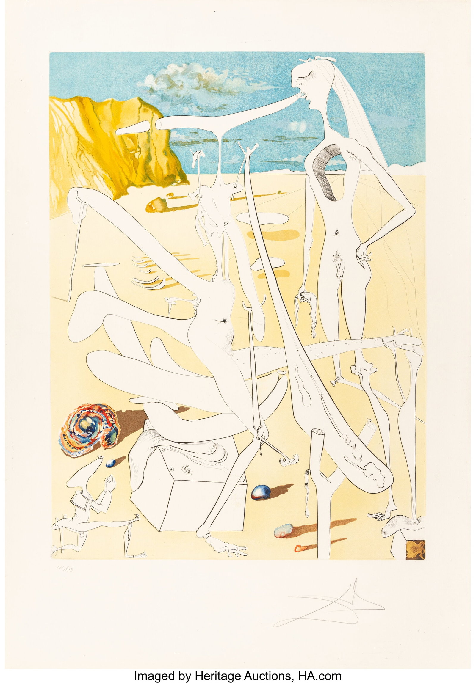 Salvador Dalí (1904-1989) Dali Martian muni d'u: Salvador Dalí (1904-1989) Dali Martian muni d'un double microscope holoelectronique, from La Conquete de Cosmos, 1974 Engraving with lithography in colors and embossing on