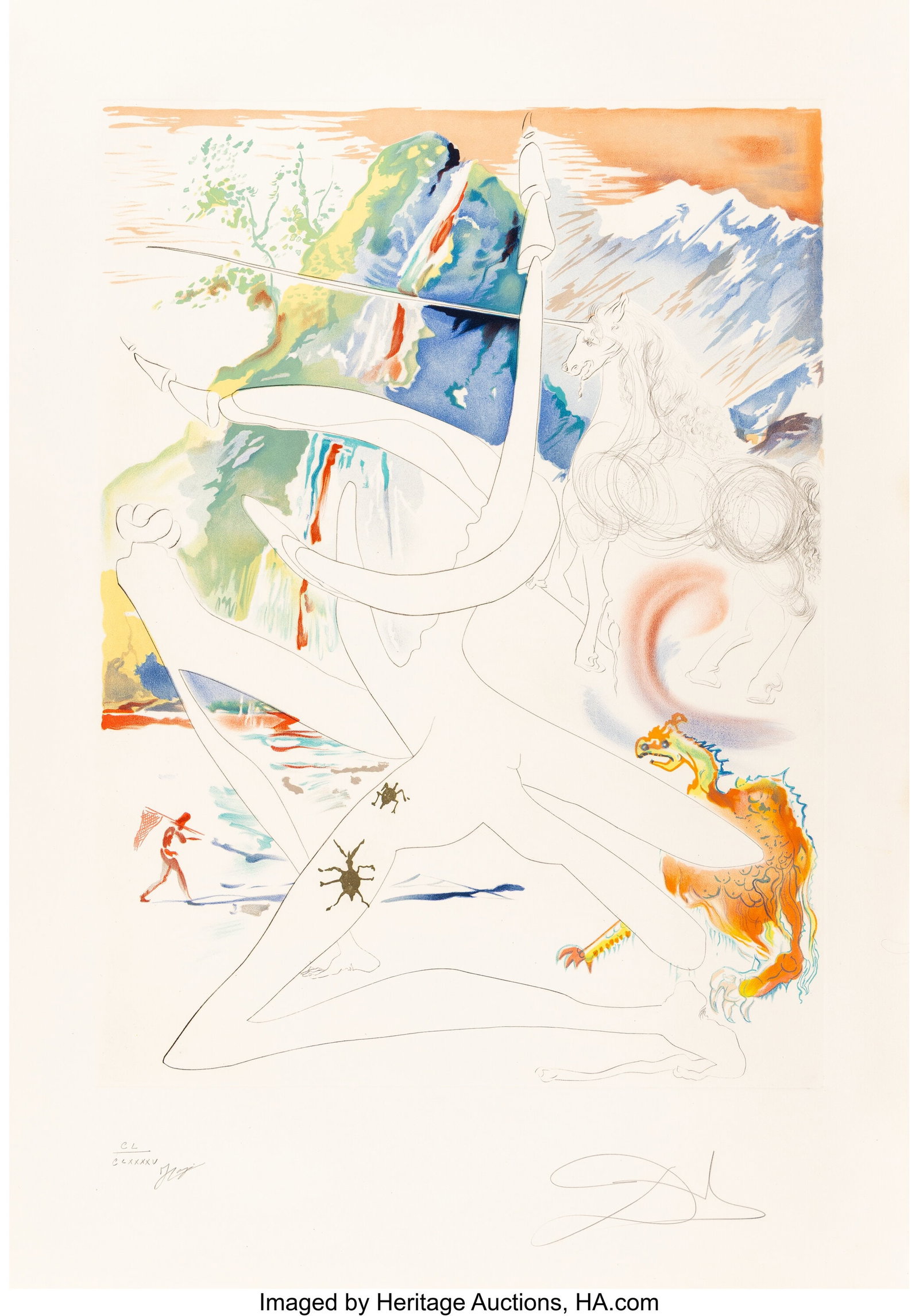 Salvador Dalí (1904-1989) L'unicorne laser desi: Salvador Dalí (1904-1989) L'unicorne laser desintegre les cornes de rhinoceros cosmique, from La Conquete de Cosmos, 1974 Engraving with lithography in colors and embossin