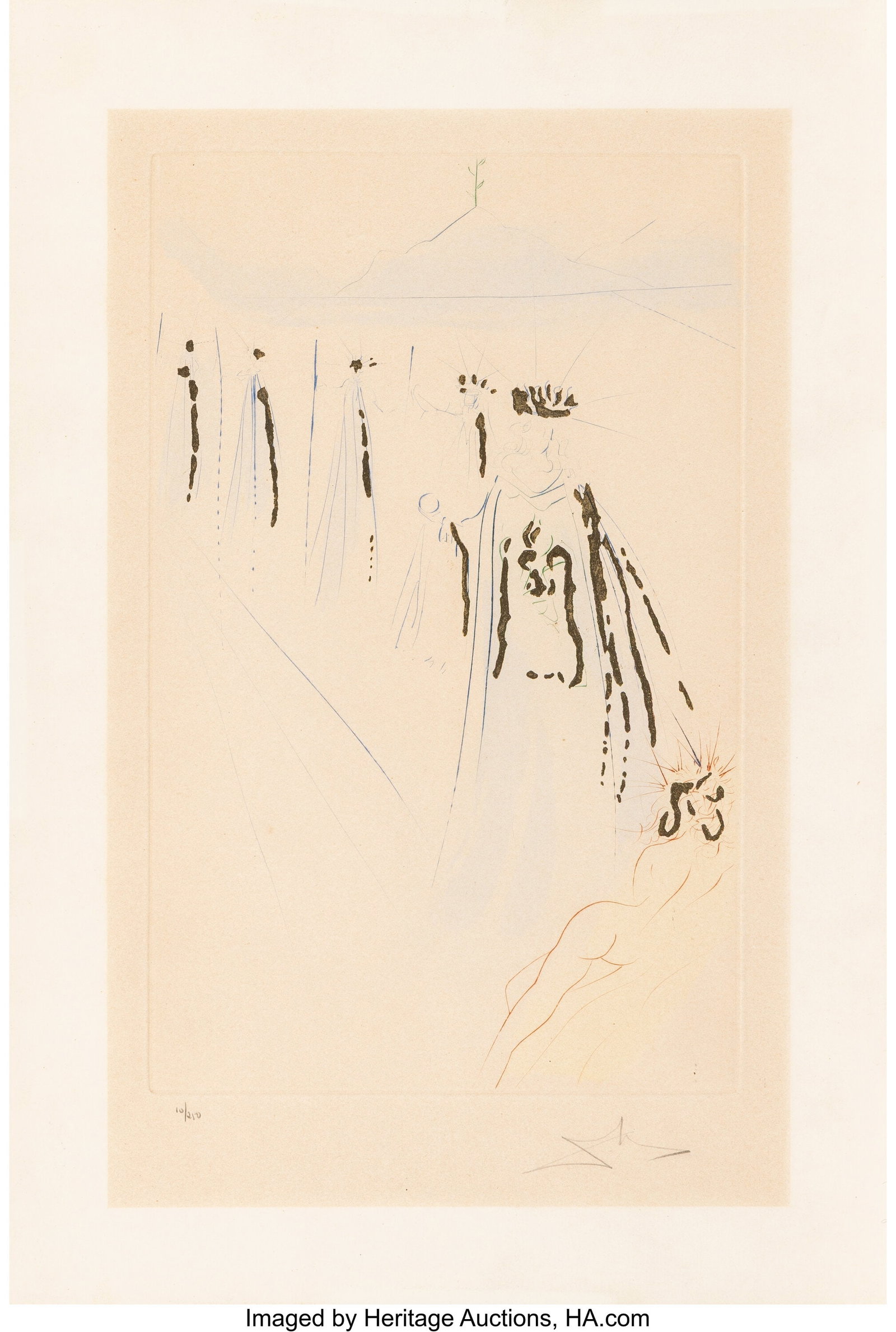 Salvador Dalí (1904-1989) Behold His Bed, which: Salvador Dalí (1904-1989) Behold His Bed, which is Solomon's, from Song of Songs of Soloman, 1971 Etching in colors with gold dust on Arches paper 30 x 22-1/8 in