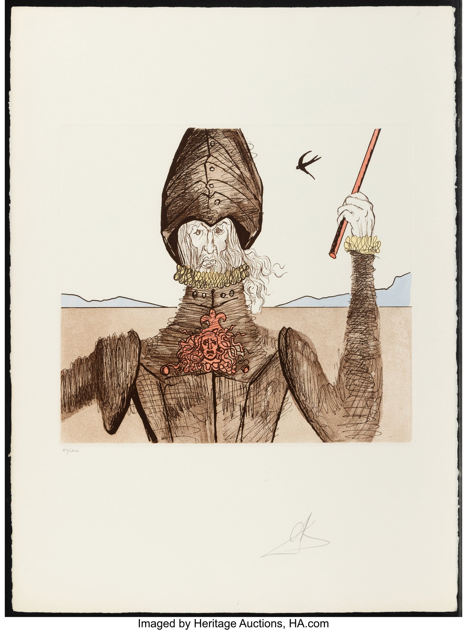 Salvador Dalí (1904-1989) Don Quixote (The Drea: Salvador Dalí (1904-1989) Don Quixote (The Dreamer), from Historia de Don Quichotte de la Mancha, 1980 Etching and aquatint in colors on Arches paper 29-7/8 