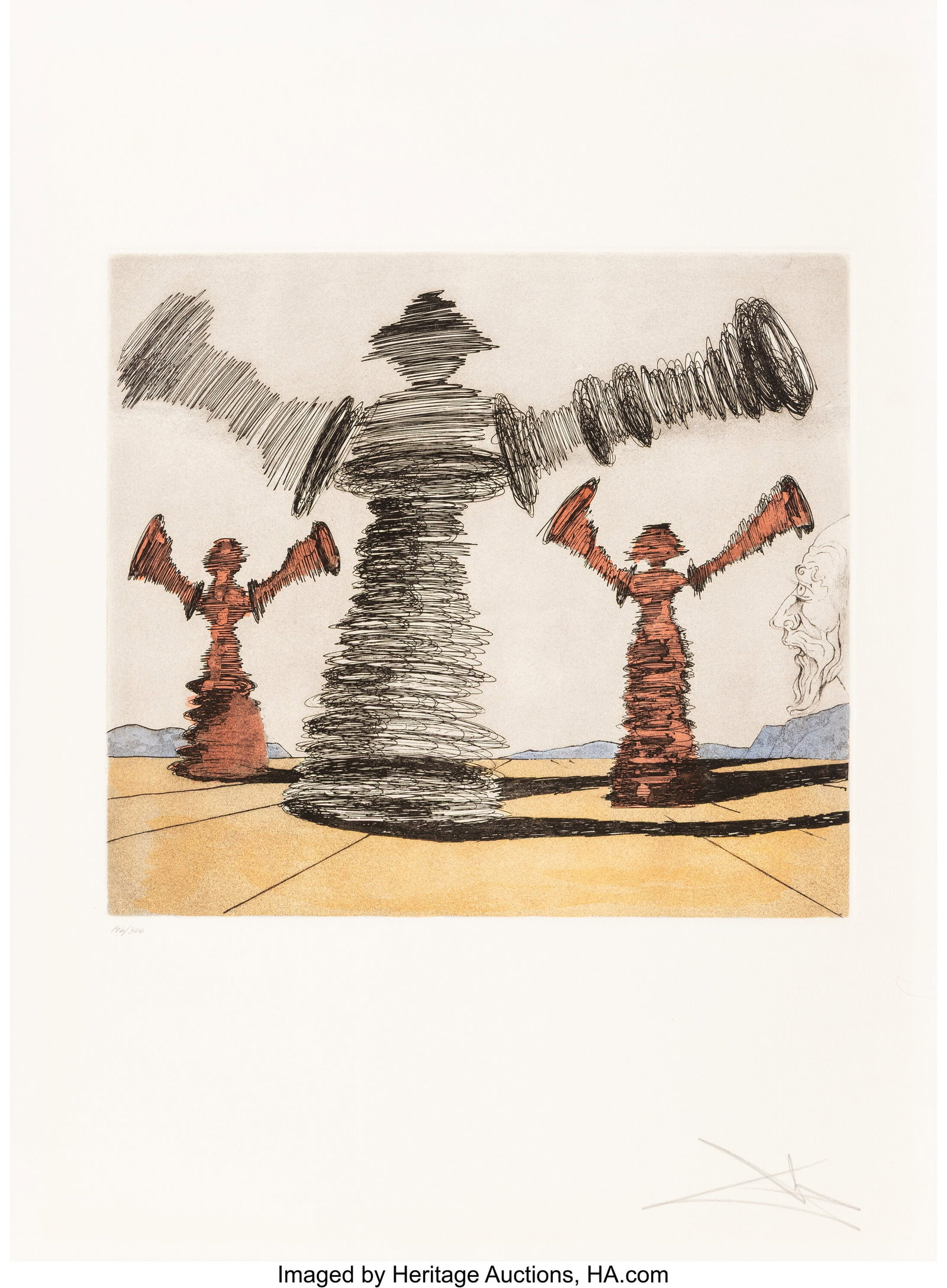 Salvador Dalí (1904-1989) The Spinning Man, fro: Salvador Dalí (1904-1989) The Spinning Man, from Historia de Don Quichotte de la Mancha, 1980 Etching and aquatint in colors on Arches paper 29-7/8 x 22-1/8 inches