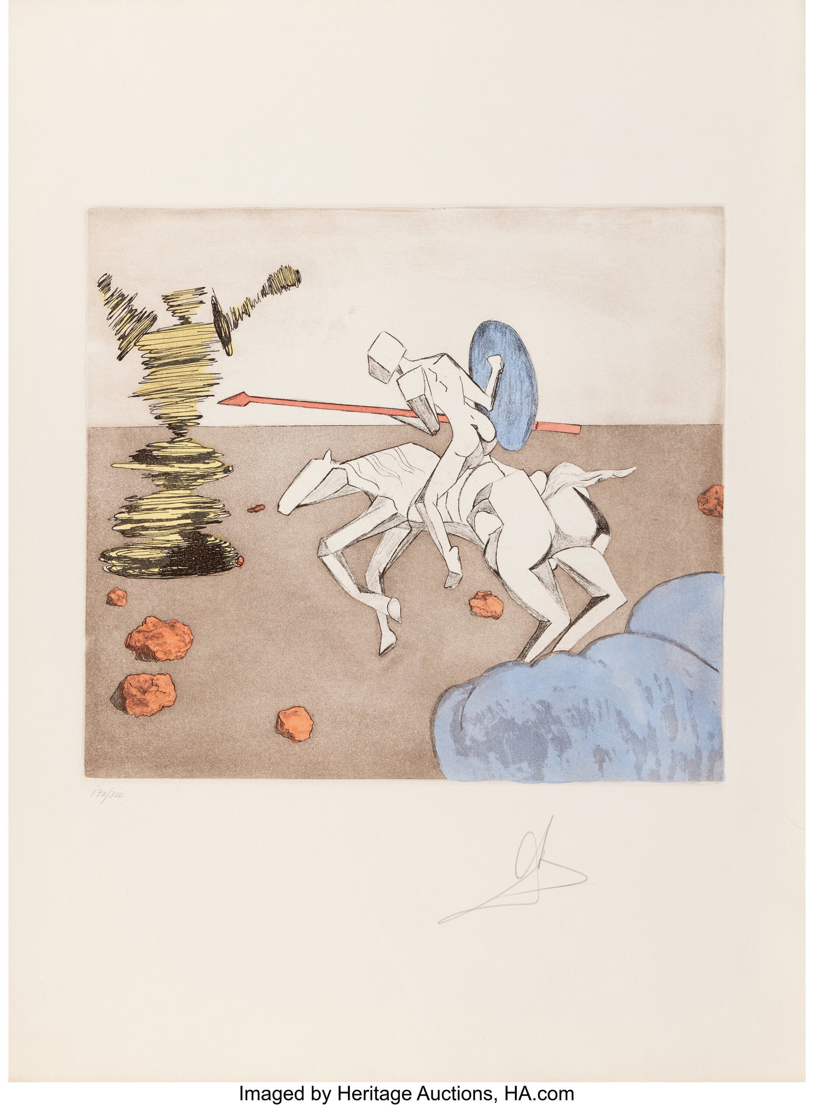 Salvador Dalí (1904-1989) The Quest, from Histo: Salvador Dalí (1904-1989) The Quest, from Historia de Don Quichotte de la Mancha, 1980 Etching and aquatint in colors on Arches paper 29-7/8 x 22-1/8 inches (