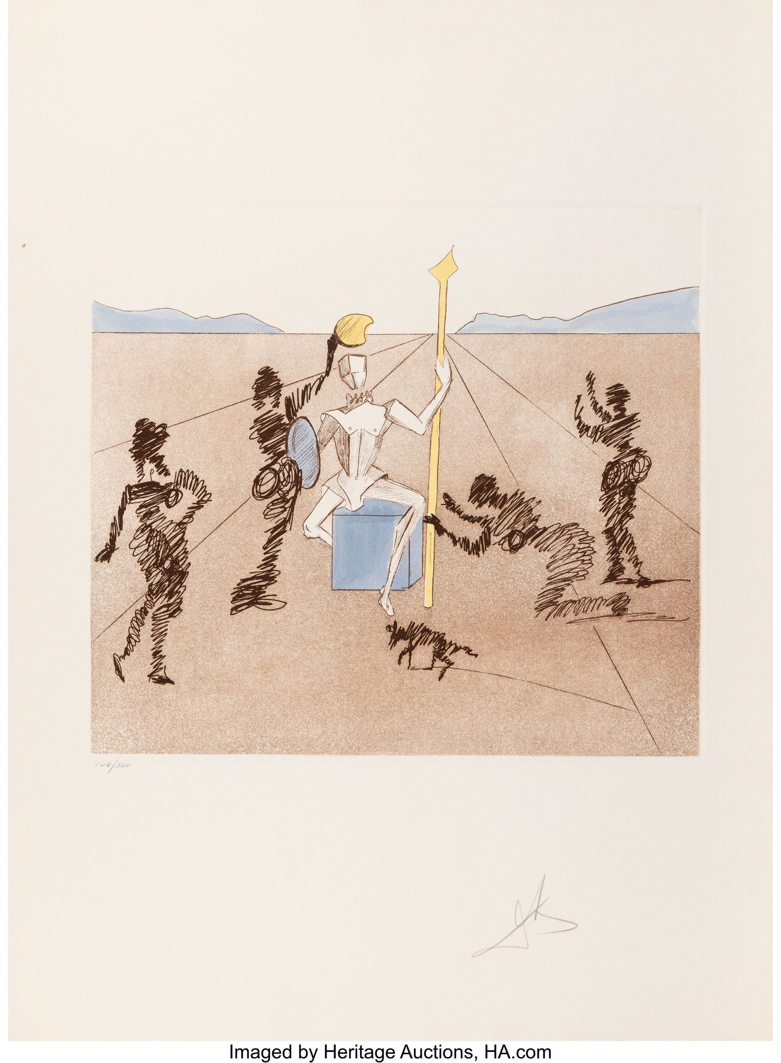 Salvador Dalí (1904-1989) The Golden Helmet of : Salvador Dalí (1904-1989) The Golden Helmet of Mandrino, from Historia de Don Quichotte de la Mancha, 1980 Etching and aquatint in colors on Arches paper 29-7/8 x 22-1