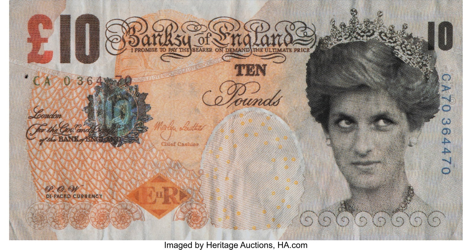 After Banksy (b. 1974) Di-Faced Tenner, 10BGP No: After Banksy (b. 1974) Di-Faced Tenner, 10BGP Note, 2005 Offset lithograph in colors on paper 3 x 5-3/4 inches (7.6 x 14.6 cm)