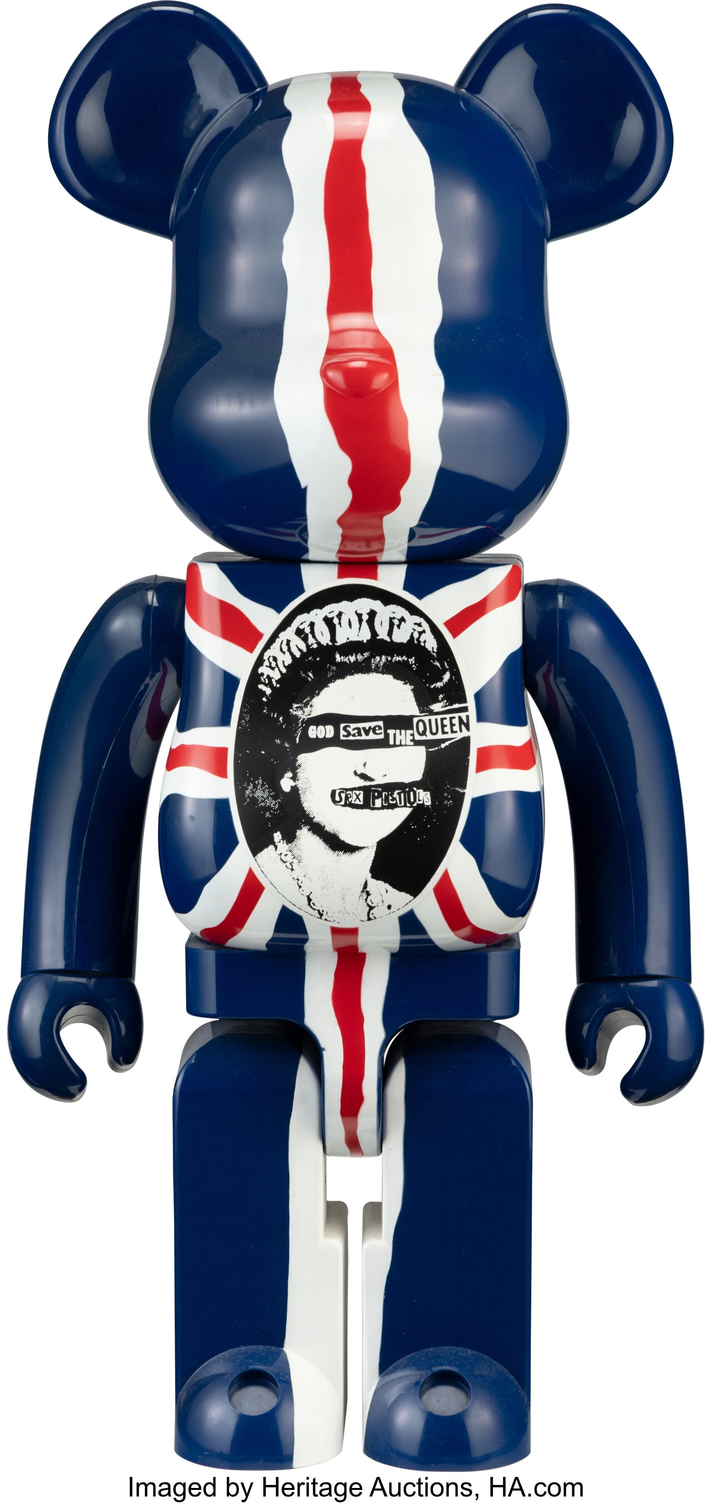 BE@RBRICK X Sex Pistols God Save The Queen 1000: BE@RBRICK X Sex Pistols God Save The Queen 1000%, 2007 Painted cast vinyl 27-1/2 x 14 x 10 inches (69.8 x 35.6 x 25.4 cm) Stamped to underside Pr