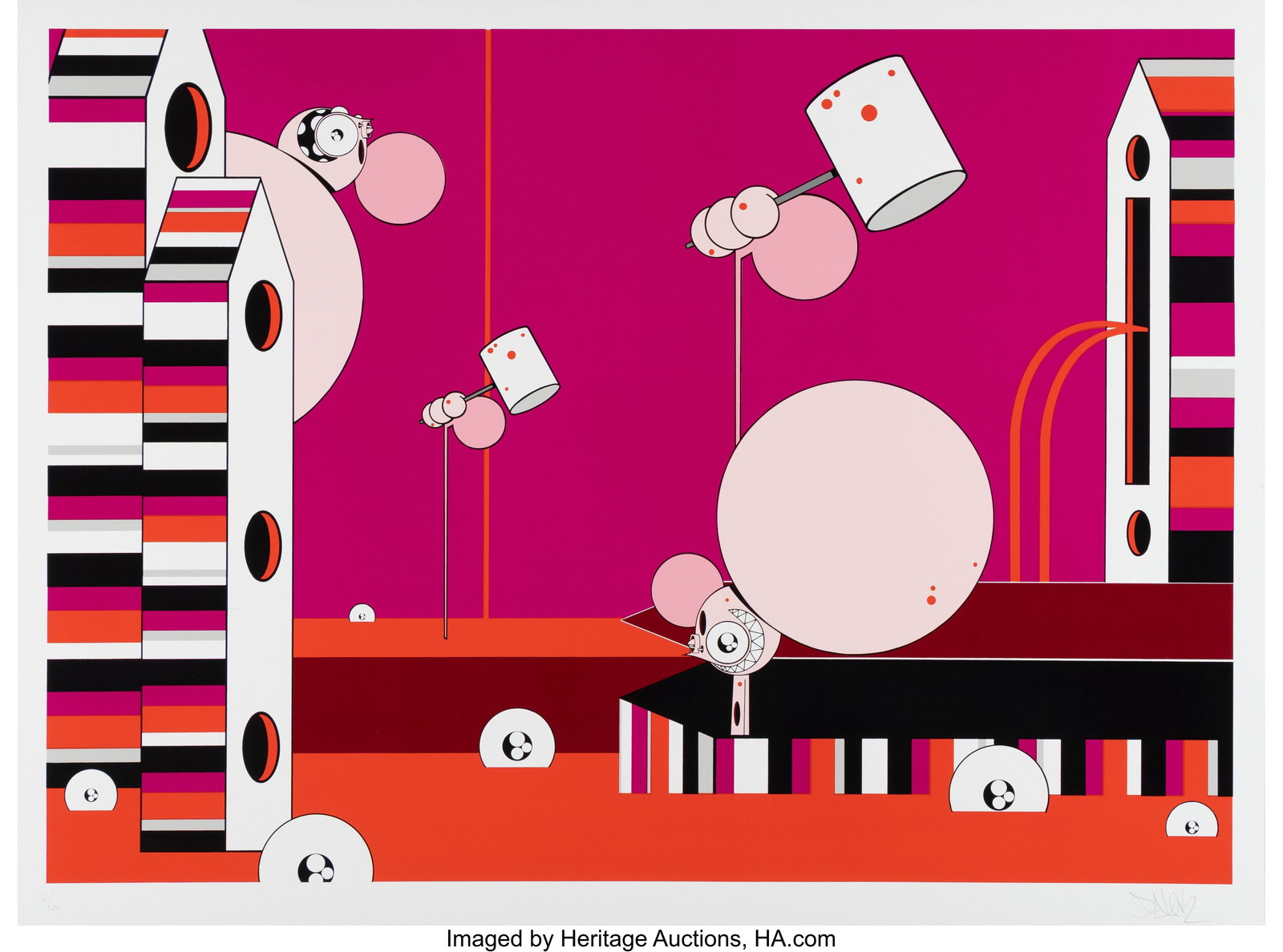 Dalek (b. 1968) Violent Pacification (Pink), 200: Dalek (b. 1968) Violent Pacification (Pink), 2006 Screenprint in colors on wove paper 23-1/2 x 31-1/2 inches (59.7 x 80.0 cm) (she