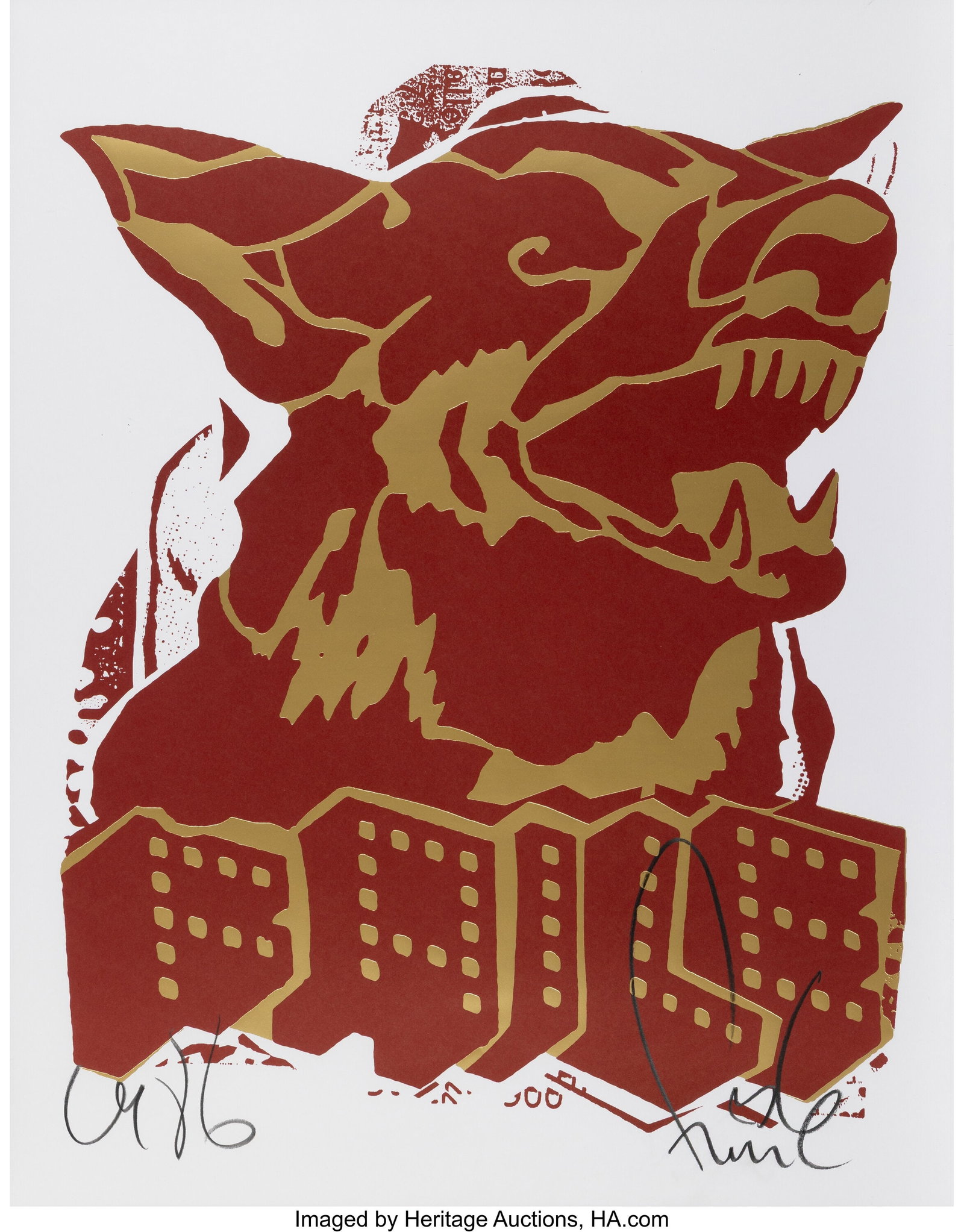 FAILE (b. 1975) FAILE Dog (Red/Gold), 2018 Offse: FAILE (b. 1975) FAILE Dog (Red/Gold), 2018 Offset lithograph with gold foil on wove paper 28 x 22 inches (71.1 x 55.9 cm) (sheet)