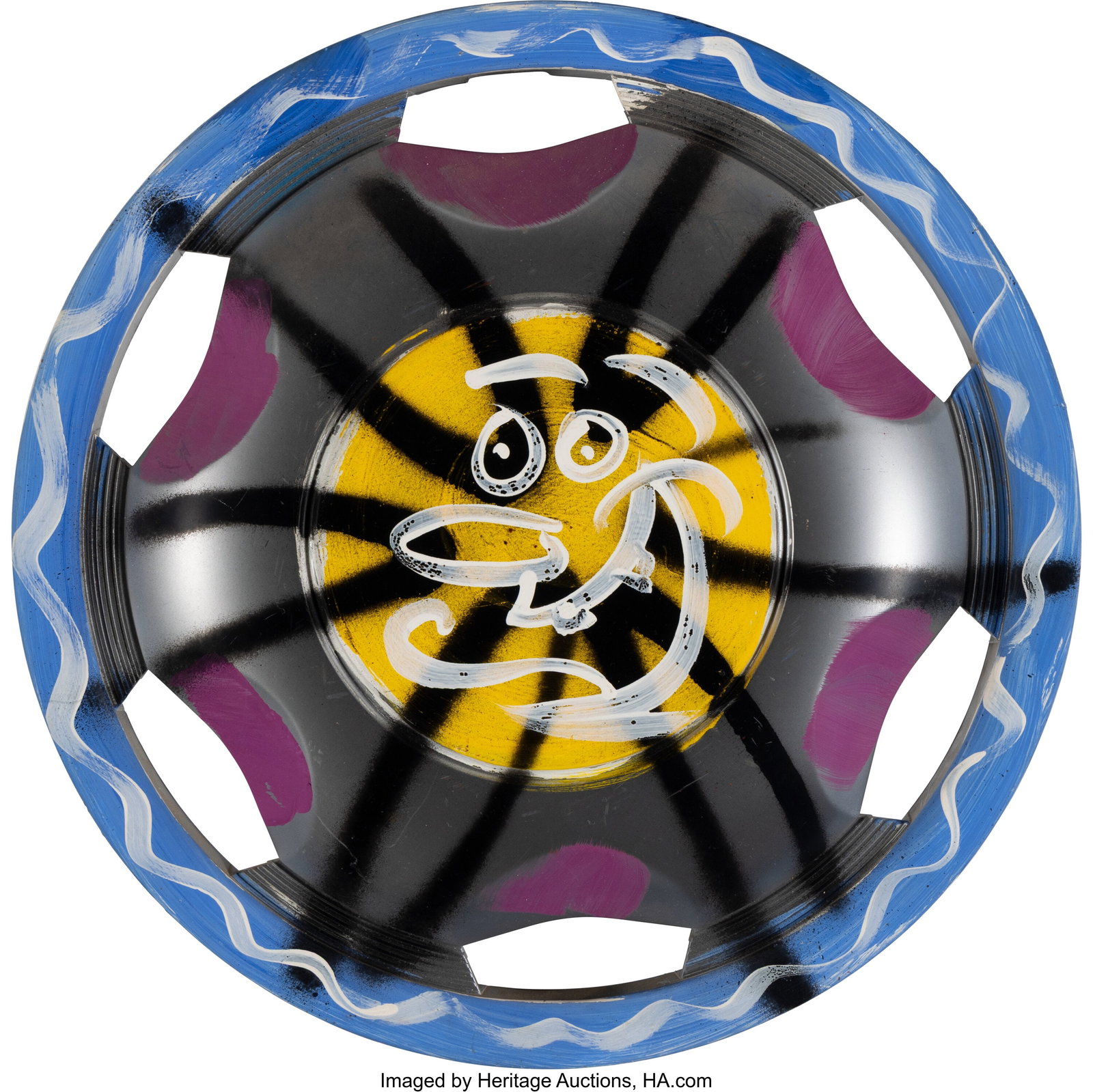 Kenny Scharf (b. 1958) Happy Guy, 1994 Painted p: Kenny Scharf (b. 1958) Happy Guy, 1994 Painted plastic wheel cover 15-1/2 x 15-1/2 x 1-3/4 inches (39.4 x 39.4 x 4.4 cm) Signed and da