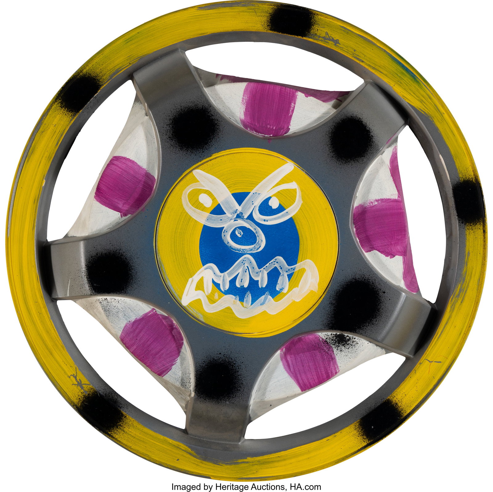 Kenny Scharf (b. 1958) Scary Guy, 1994 Painted p: Kenny Scharf (b. 1958) Scary Guy, 1994 Painted plastic wheel cover 15-1/2 x 15-1/2 x 1-3/4 inches (39.4 x 39.4 x 4.4 cm) Signed and da