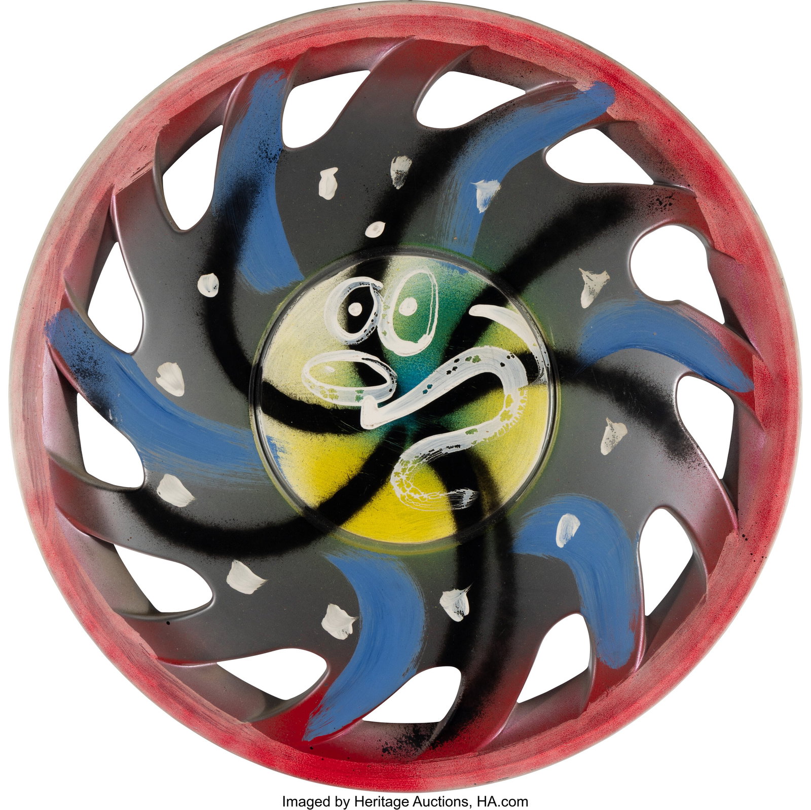 Kenny Scharf (b. 1958) Under Influence Guy, 1994: Kenny Scharf (b. 1958) Under Influence Guy, 1994 Painted plastic wheel cover 15-1/2 x 15-1/2 x 1-3/4 inches (39.4 x 39.4 x 4.4 cm) Sig