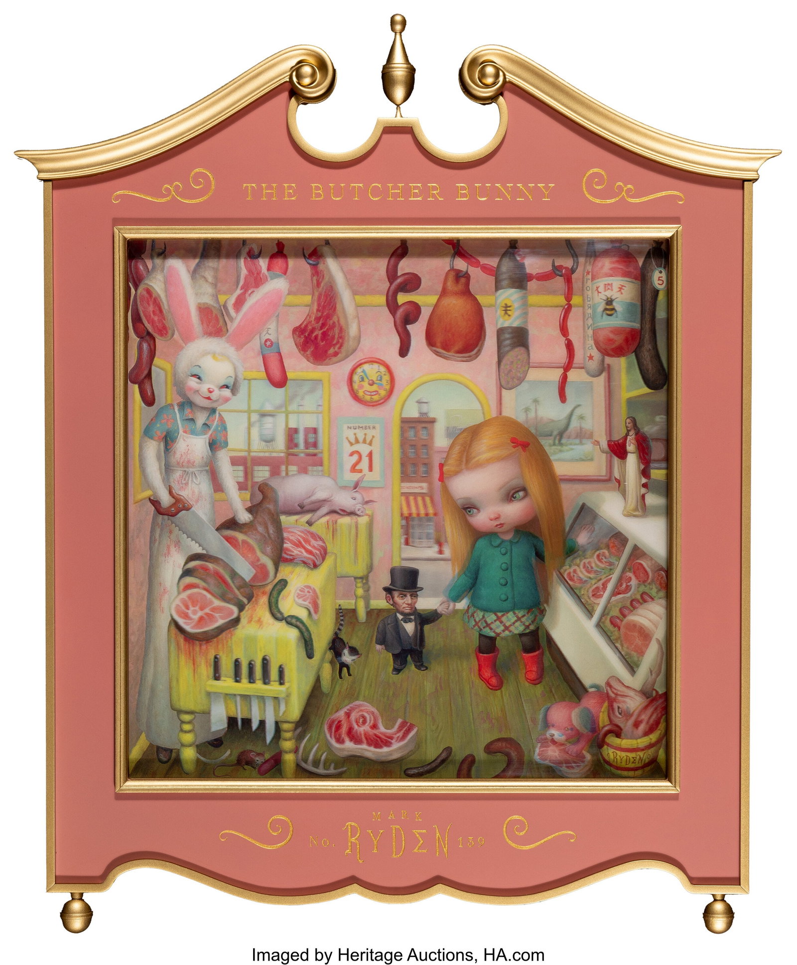 Mark Ryden (b. 1963) The Butcher Bunny, 2024 Len: Mark Ryden (b. 1963) The Butcher Bunny, 2024 Lenticular print in colors in polychrome wood frame 16 x 16 inches (40.6 x 40.6 cm) (sheet) Ed&per
