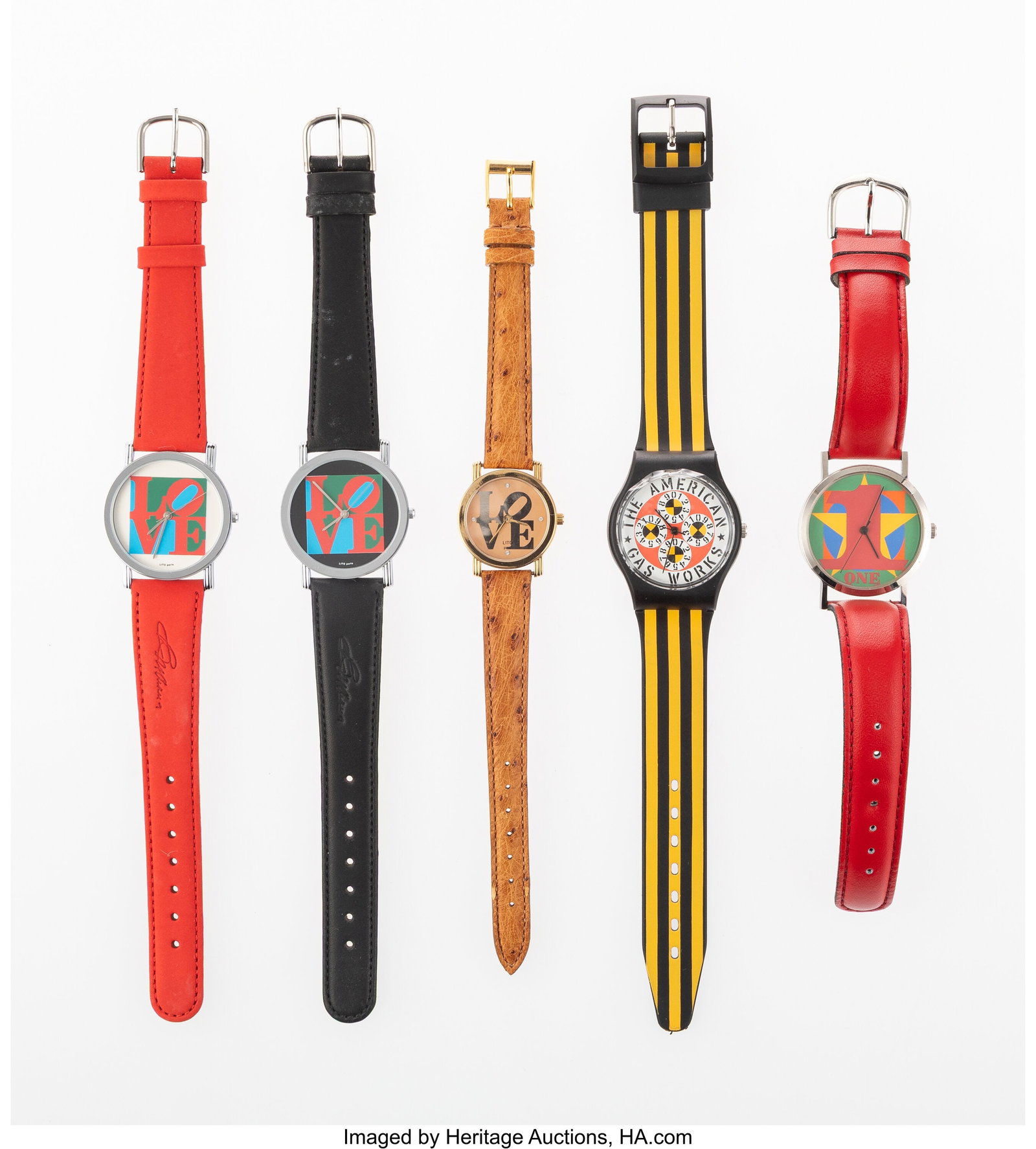 Robert Indiana Artist Watches (Group of Five), c: Robert Indiana Artist Watches (Group of Five), circa 2000 Stainless steel, gold-tone metal, leather, rubber, plastic 9-1/4 x 1-3/8 x 0-1/2 inches &l