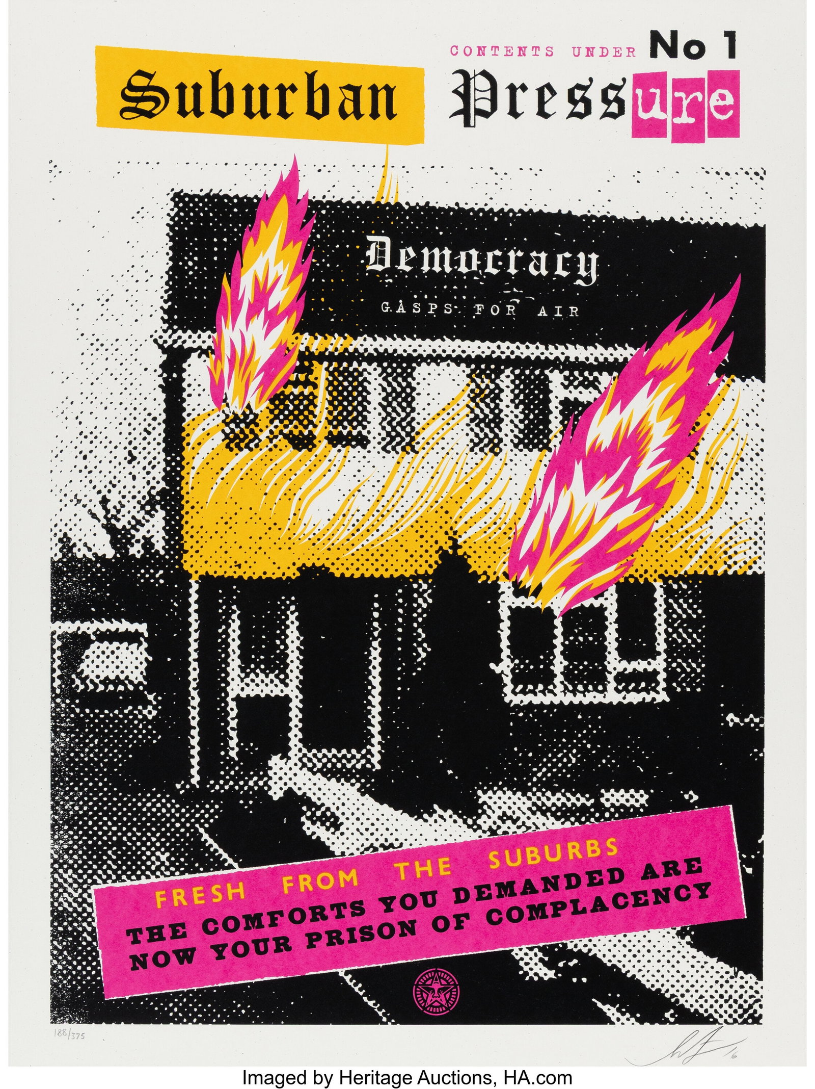 Shepard Fairey X Jamie Reid Suburban Pressure, 2: Shepard Fairey X Jamie Reid Suburban Pressure, 2016 Screenprint in colors on speckled white paper 24 x 18 inches (61.0 x 45.7 cm) (sheet) Ed. 188/375