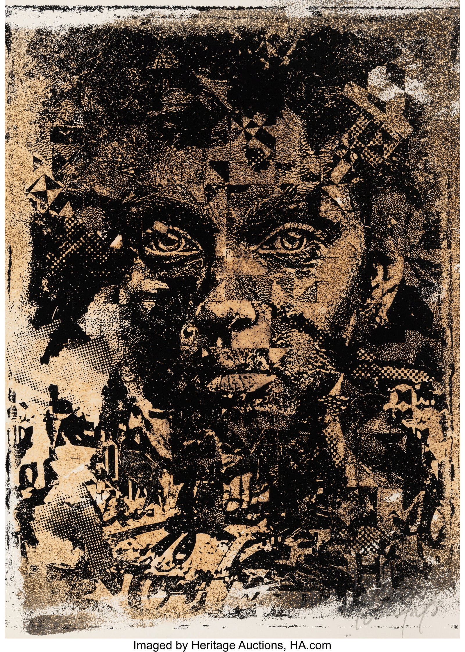 Vhils (b. 1987) Amorphous, 2019 Screenprint in c: Vhils (b. 1987) Amorphous, 2019 Screenprint in colors with hand-embellishments in quink ink, bleach, and acid on Keaykolour Original China White paper 27-1/2 x 1