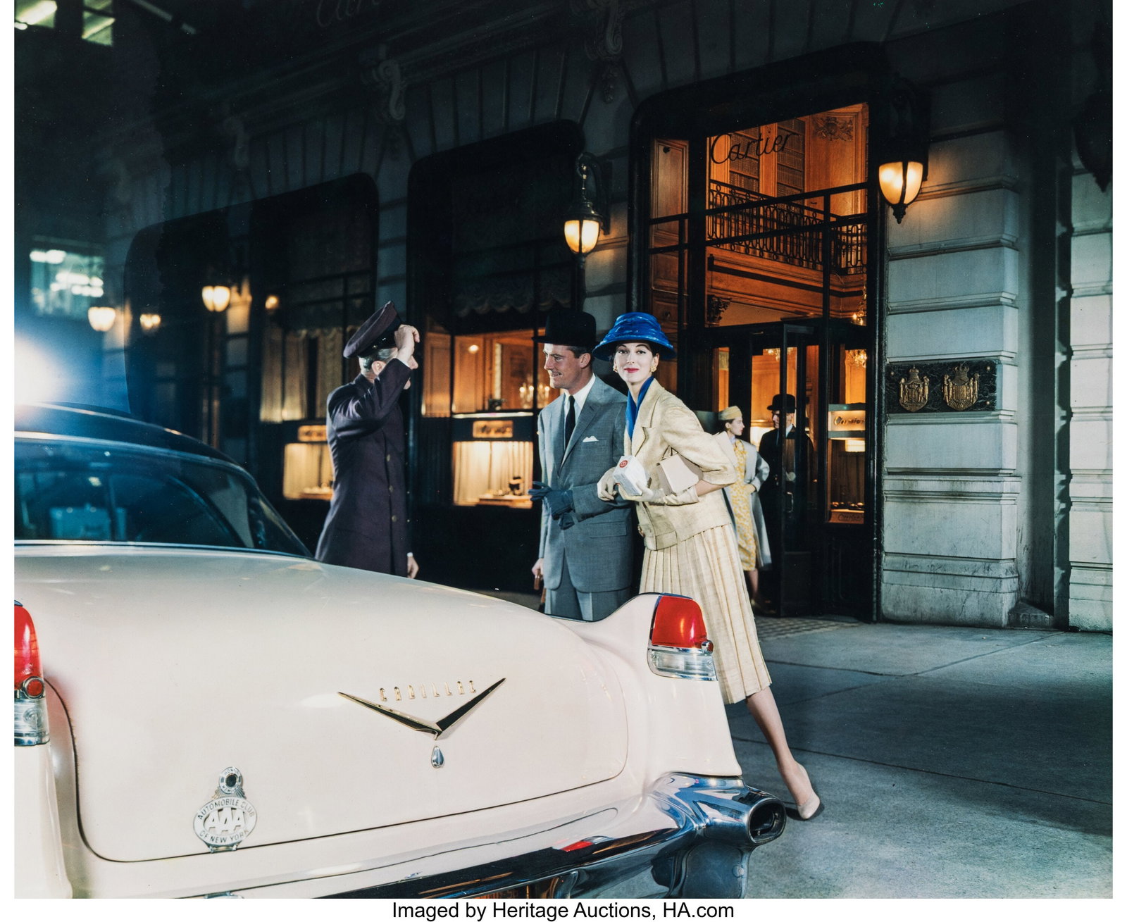 Unknown Photographer (20th Century) Cadillac in : Unknown Photographer (20th Century) Cadillac in front of Cartier's Fifth Avenue, Gowns by Bergdorf Goodman, 1956 Dye transfer print 13-3/4 x 16-5/8 inches (34&period