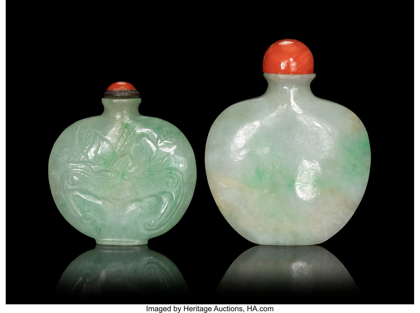 Two Chinese Carved Light Emerald Green Jadeite S: Two Chinese Carved Light Emerald Green Jadeite Snuff Bottles, 19th century 2-5/8 x 2-1/8 x 0-5/8 inches (6.7 x 5.4 x 1.6 cm) (tallest) PROVEN