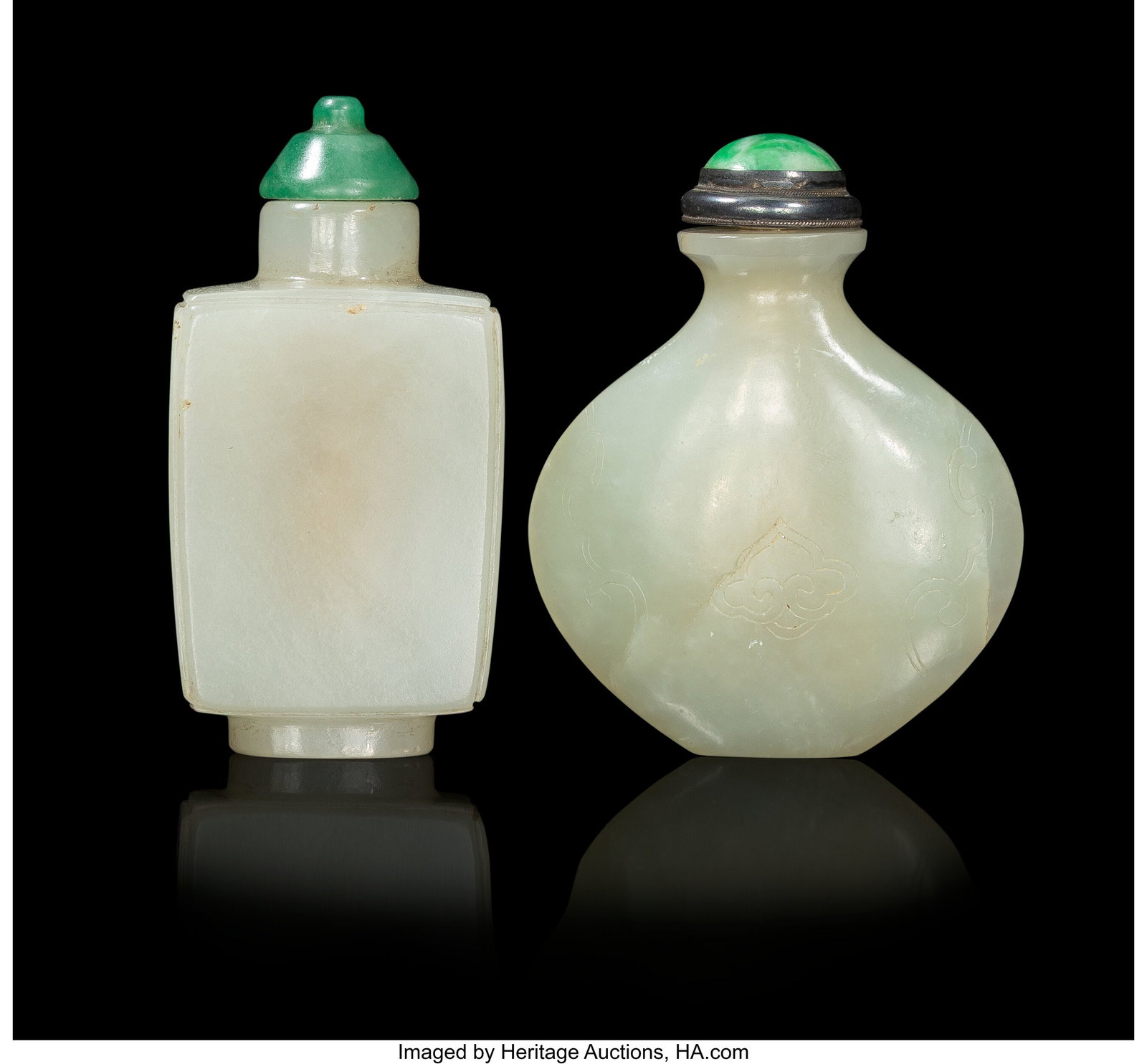 Two Chinese Carved Celadon Jade Snuff Bottles, Q: Two Chinese Carved Celadon Jade Snuff Bottles, Qing dynasty 2-5/8 x 2-1/4 x 1 inches (6.7 x 5.7 x 2.5 cm) (tallest, overall) HID03101062020