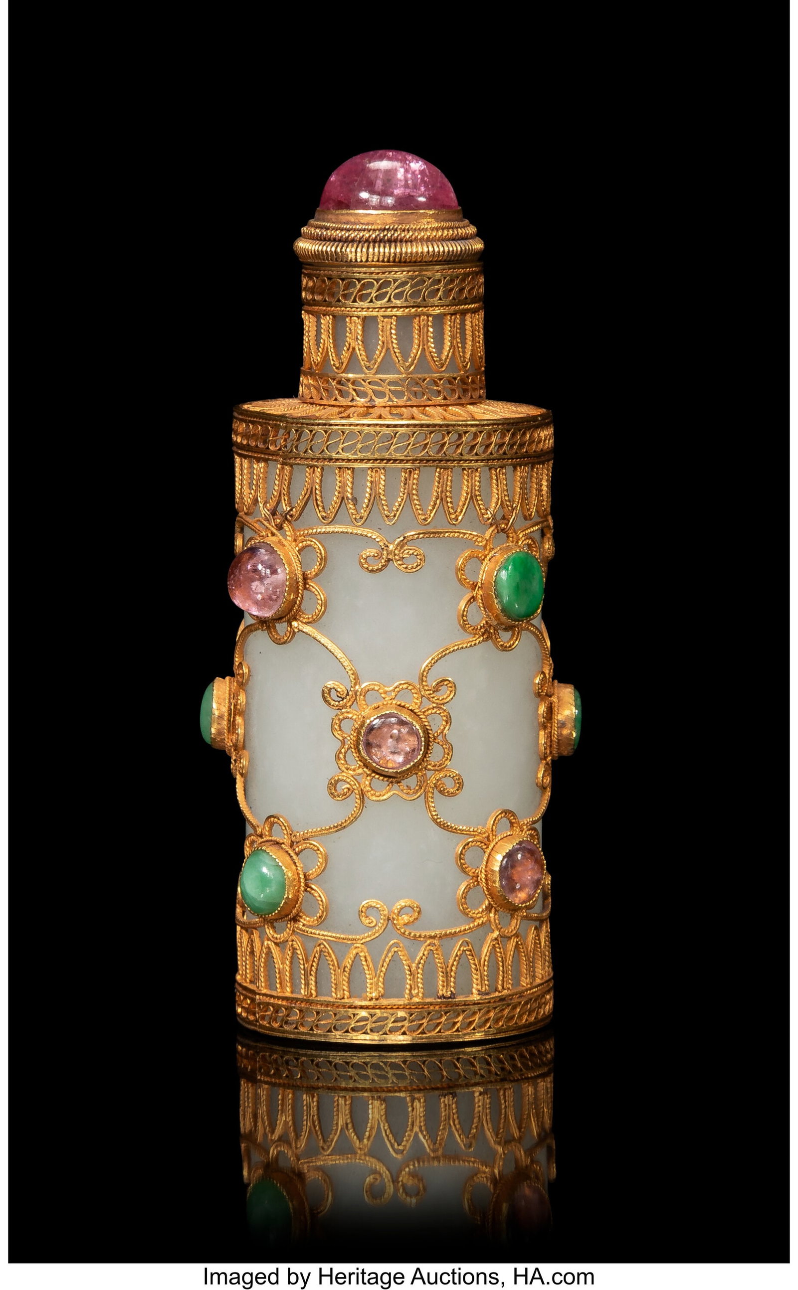 A Mughal-Style Gold and Gem-Set Carved Jade Snuf: A Mughal-Style Gold and Gem-Set Carved Jade Snuff Bottle, 20th century 2-3/4 x 1 inches (7.0 x 2.5 cm) (diam.) PROVENANCE: RCE (Eldred's&r