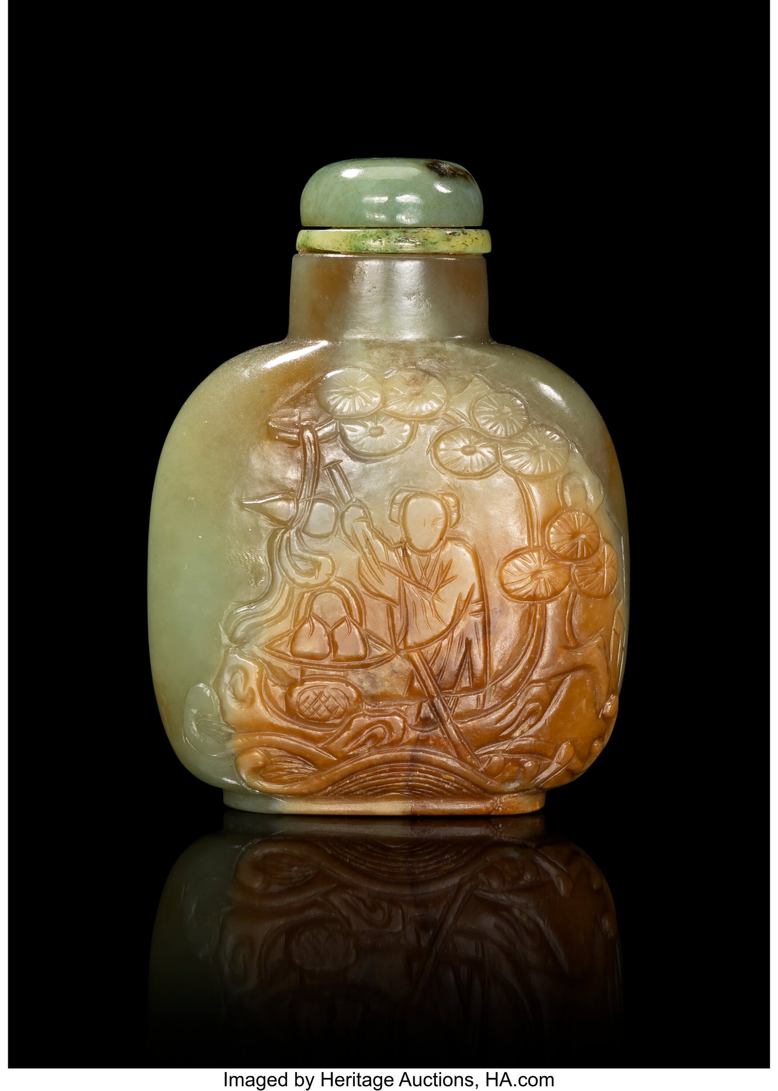 A Chinese Carved Russet Celadon Jade Snuff Bottl: A Chinese Carved Russet Celadon Jade Snuff Bottle, 19th century 2-3/4 x 2-1/8 x 1 inches (7.0 x 5.4 x 2.5 cm) carved in low relief with a Daoist figure rid