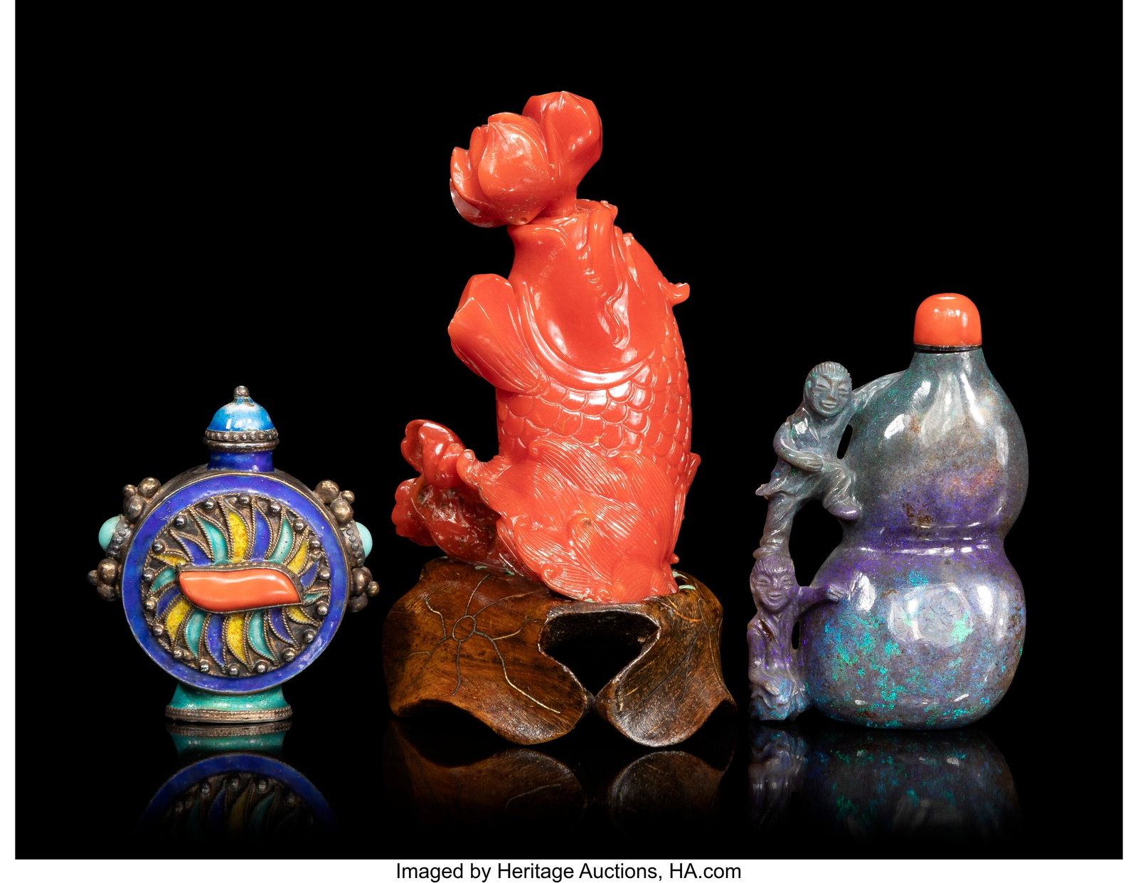 A Group of Three Chinese Coral, Enameled Silver,: A Group of Three Chinese Coral, Enameled Silver, and Black Opal Snuff Bottles, 19th/20th century Marks to one: Zuwen mark 3-1/2 x 2-1/4 x 1-7/8 inches (8&p