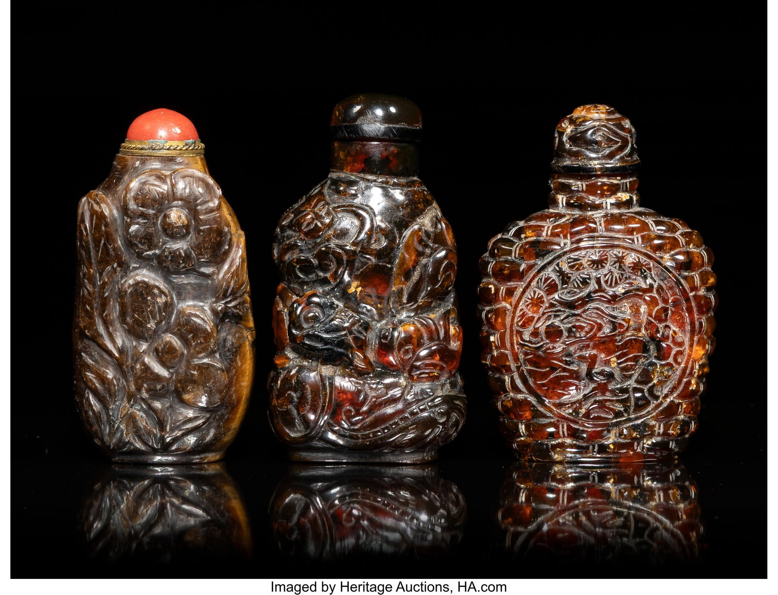 Two Chinese Carved Amber and A Tiger's Eye Snuff (1 of 3)