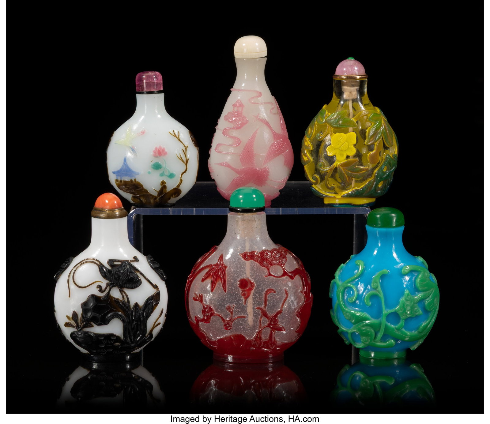 A Group of Six Chinese Overlaid Glass Snuff Bott: A Group of Six Chinese Overlaid Glass Snuff Bottles, Qing dynasty 2-7/8 x 1-3/8 x 0-3/4 inches (7.3 x 3.5 x 1.9 cm) (tallest) The lot compris
