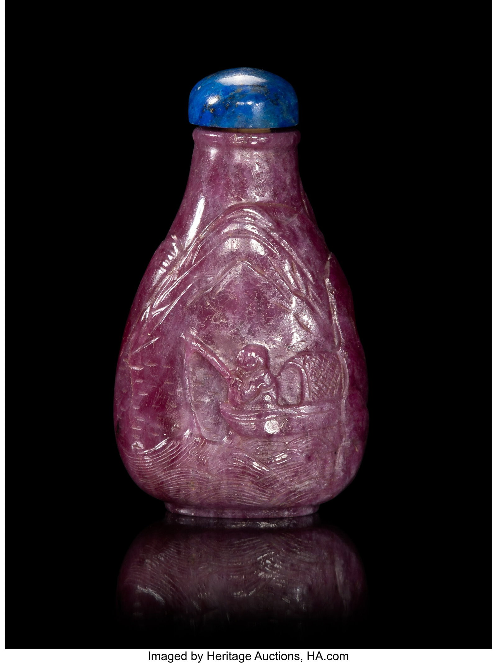 A Chinese Carved Ruby Snuff Bottle, 19th century: A Chinese Carved Ruby Snuff Bottle, 19th century 2-1/4 x 1-1/4 x 0-3/4 inches (5.7 x 3.2 x 1.9 cm) PROVENANCE: Purchased from Eldred's Auction Ga