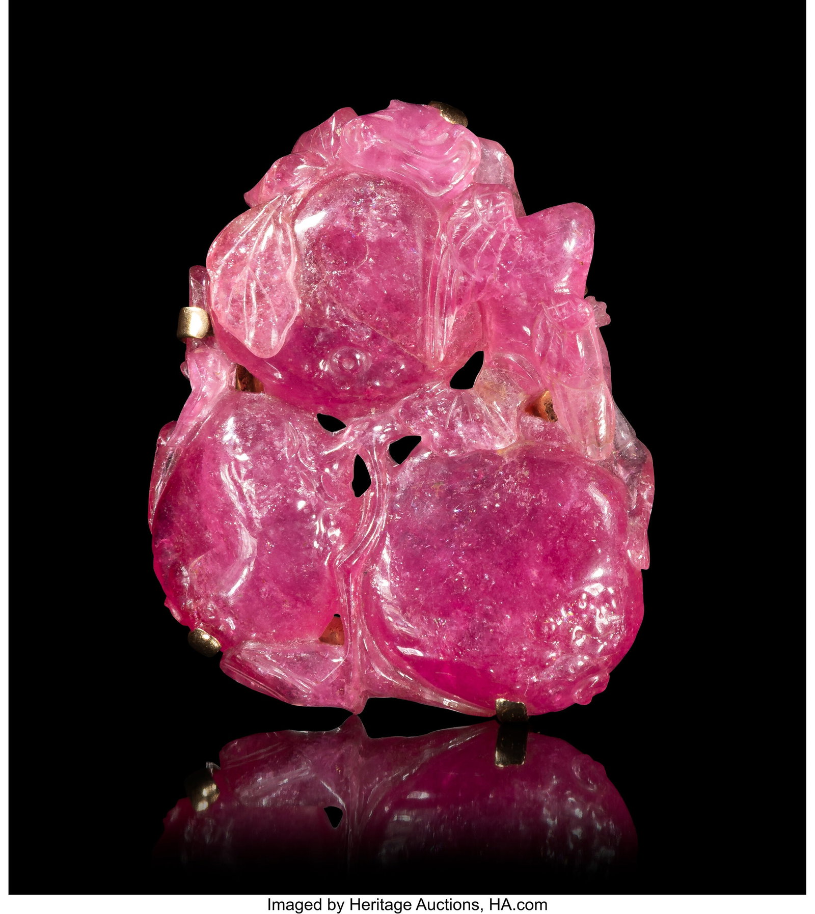A Gold Mounted Chinese Carved Tourmaline 'Peache: A Gold Mounted Chinese Carved Tourmaline 'Peaches' Brooch, 19th century 2 x 1-1/2 x 0-5/8 inches (5.1 x 3.8 x 1.6 cm) Property from the Collection of Jack 