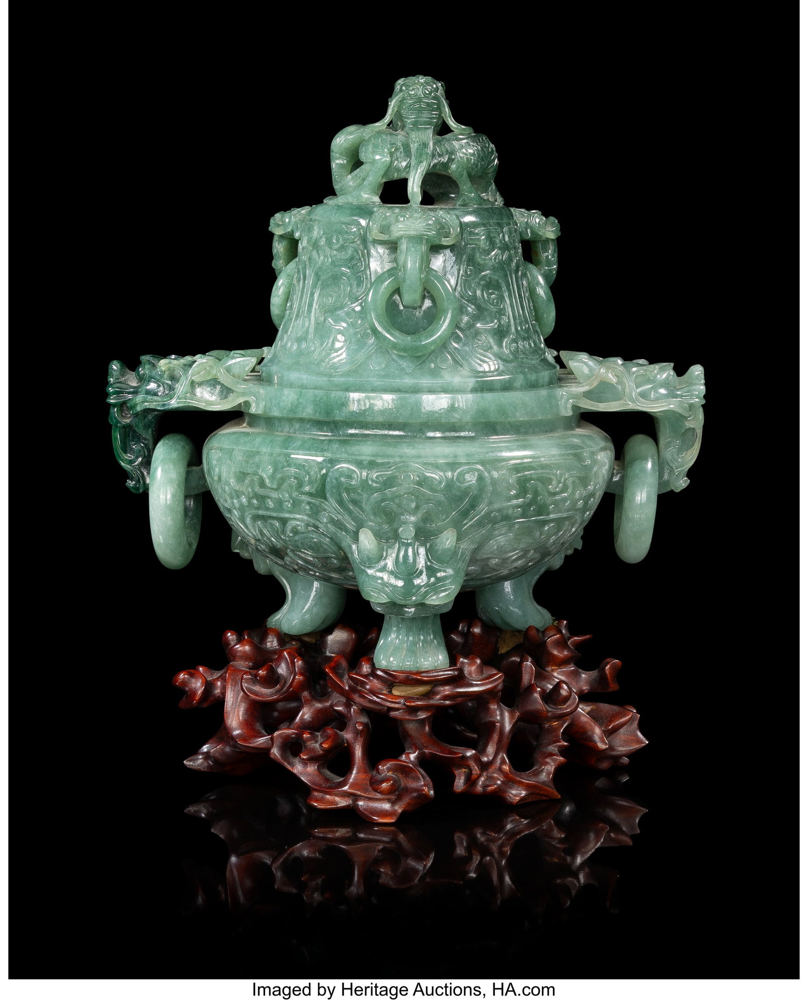 A Chinese Carved Jadeite Tripod Double-Handled C (1 of 5)