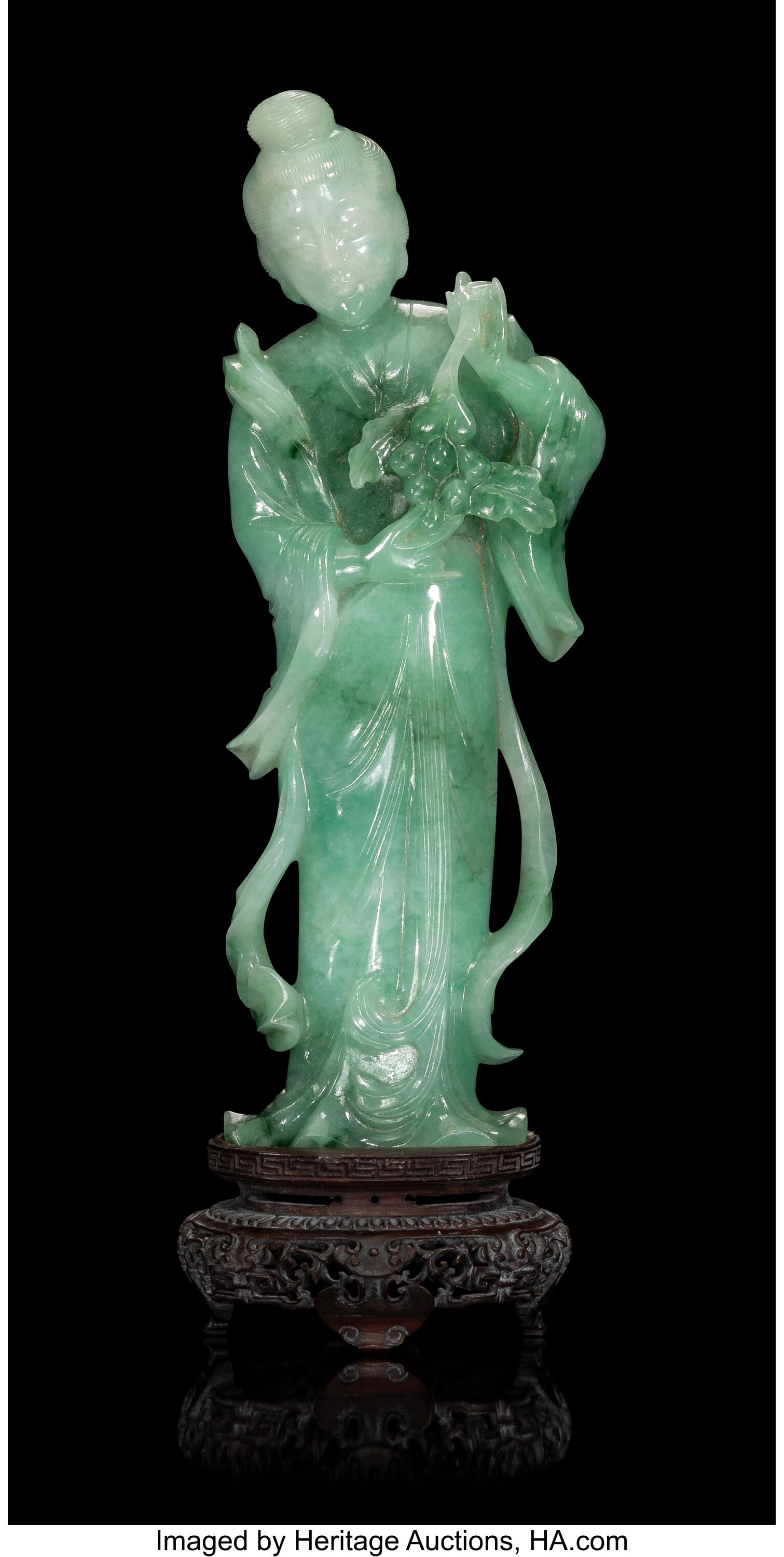 A Chinese Carved Jadeite Figure of a Meiren with: A Chinese Carved Jadeite Figure of a Meiren with Stand, 20th century 7-1/2 x 2-3/4 x 1-1/2 inches (19.1 x 7.0 x 3.8 cm) (work) 8-3/4 x 2-
