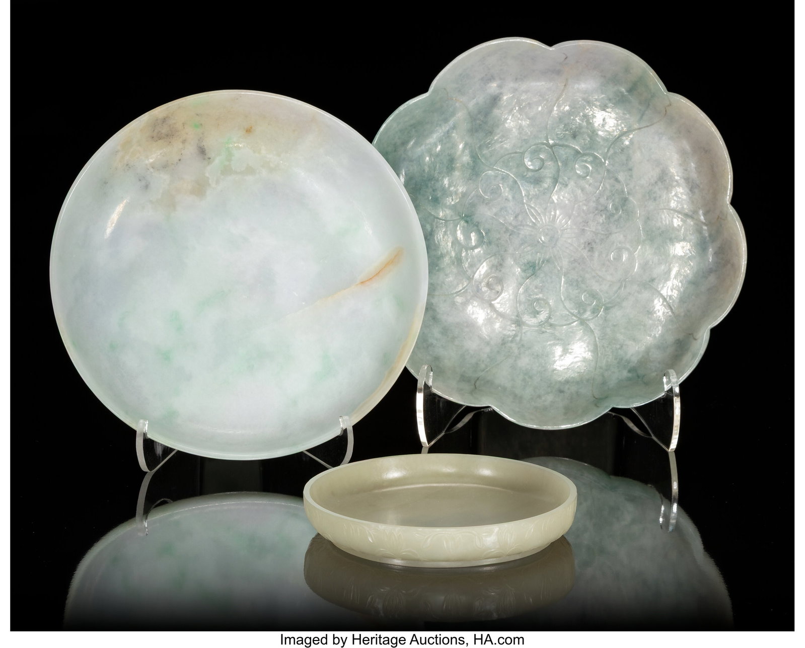A Group of Three Jadeite and Jade Dishes, 19th/2: A Group of Three Jadeite and Jade Dishes, 19th/20th century 1-1/8 x 6-7/8 x 7-1/8 inches (2.9 x 17.5 x 18.1 cm) (largest) Property from t