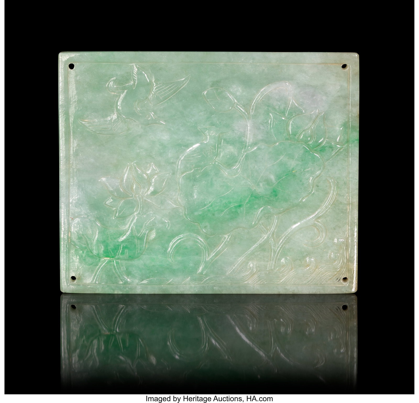 A Chinese Carved Jadeite ‘Lotus and Birds' Pla (1 of 3)