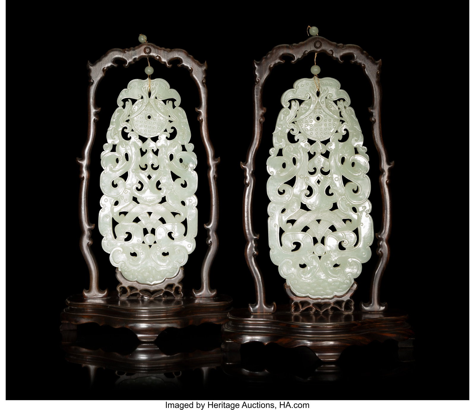 A Pair of Chinese Celadon Jade Hanging Plaques, : A Pair of Chinese Celadon Jade Hanging Plaques, 20th century 12-1/2 x 6-1/4 x 1/2 inches (each, work) 18-1/2 x 11 x 6-3/4 inches (47.0 x 27&period
