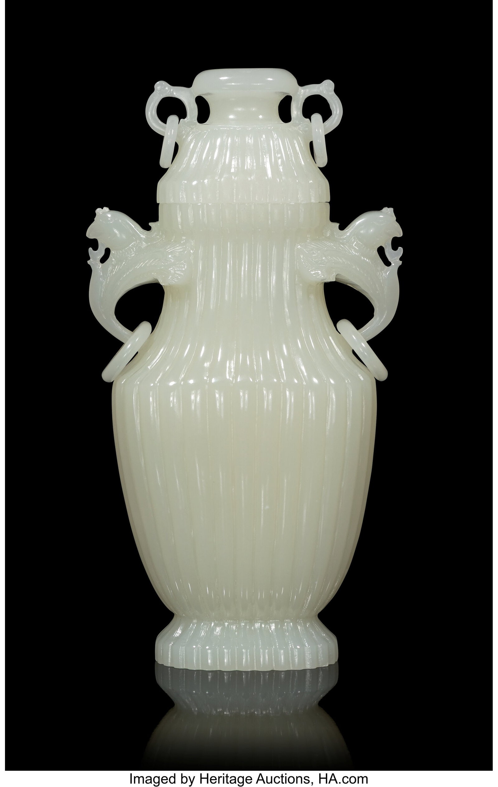 A Chinese Carved Jade Covered Two-Handled Vase,  (1 of 4)