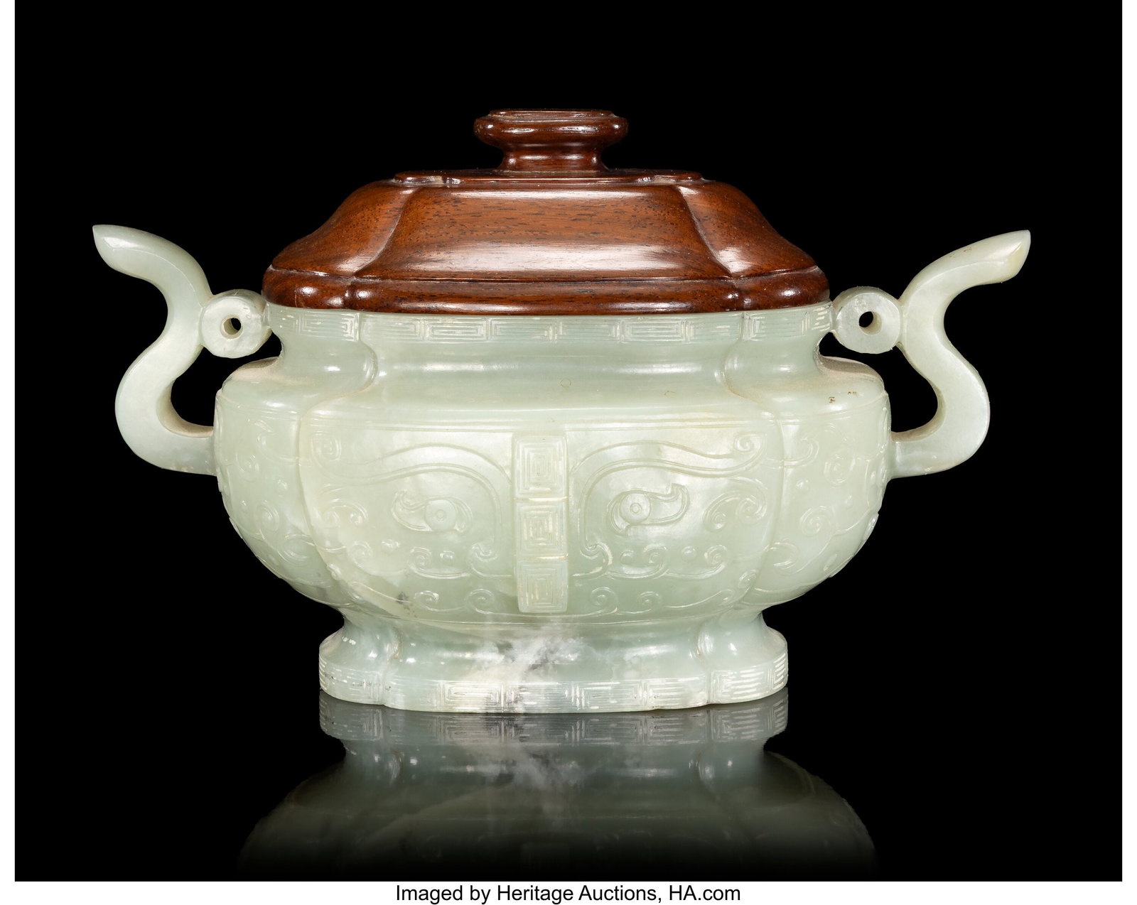 A Chinese Carved Celadon Jade Double-Handled Cen (1 of 4)